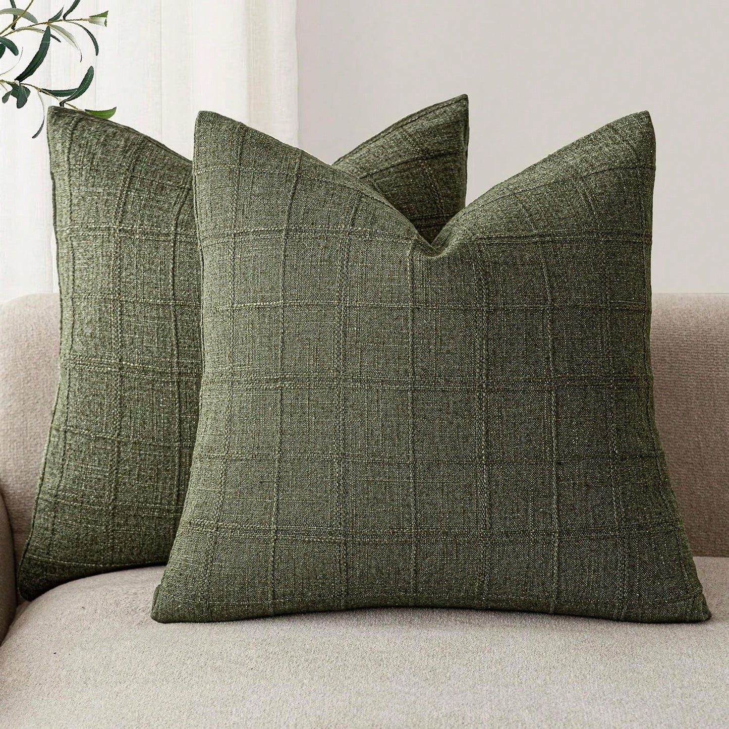 1/2pcs Olive Green (No Filling) Classic Plaid Throw Pillow Cover, Fashionable Minimalist 3D Grid Style Vintage Texture Cushion Cover, Suitable For Home Sofa, Bedroom, Decor, Gift, Party, All Seasons