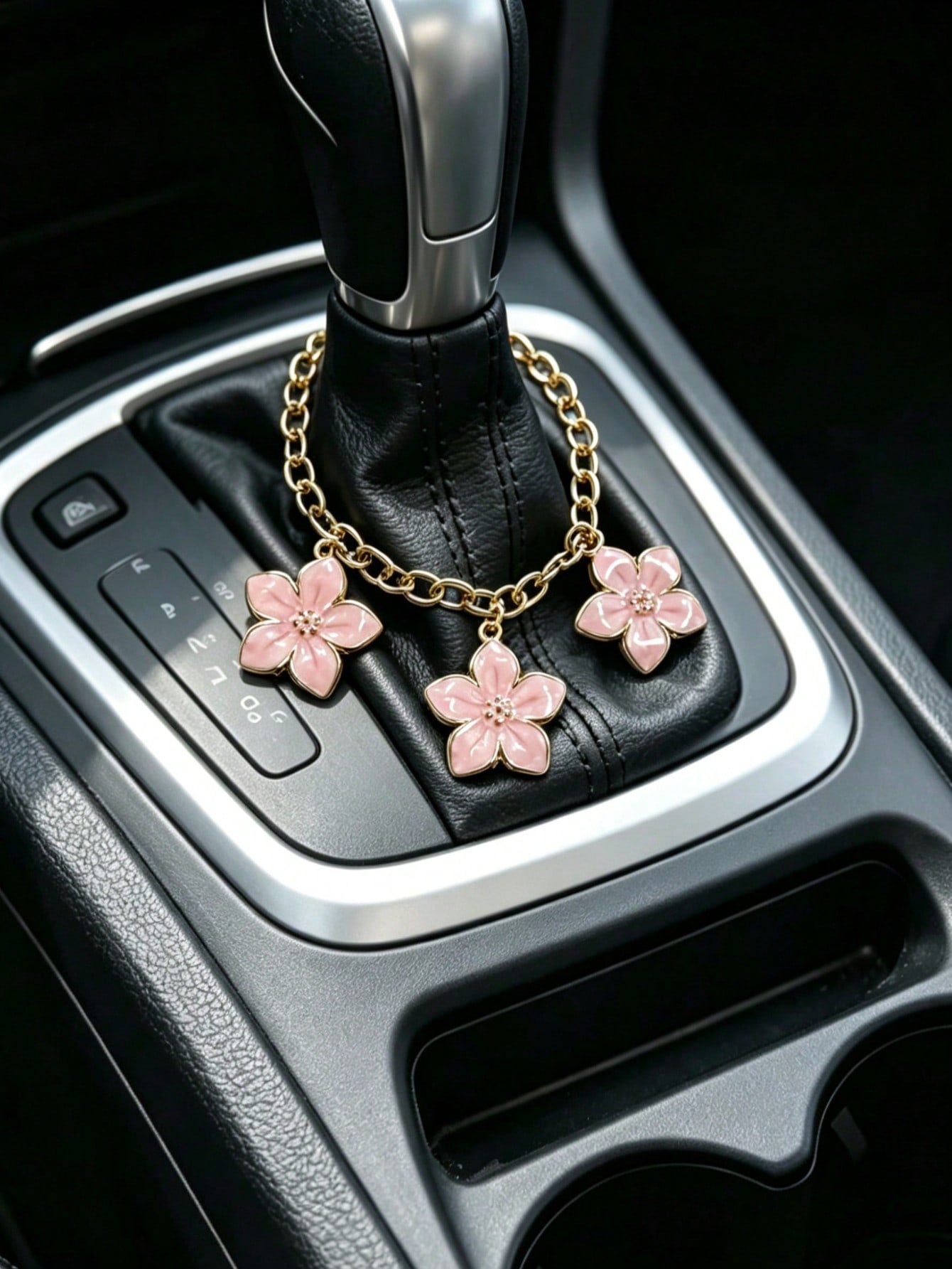 1pc Alloy Cherry Blossom Gold Chain Car Gear Shift Decoration, Car Hanging Ornament