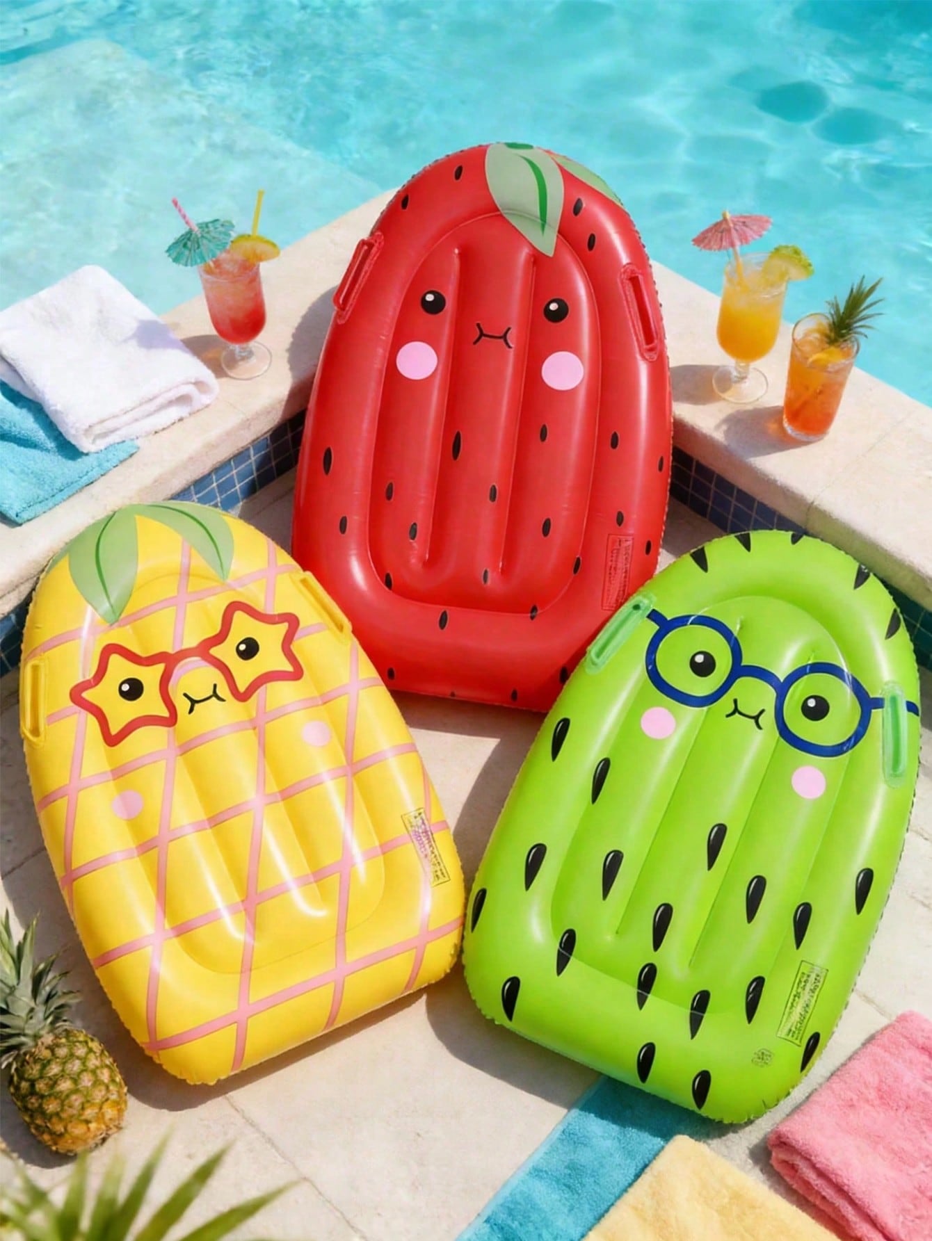 1pc Inflatable Fruit Floating Row, Strawberry, Kiwi, Pineapple Cute Cartoon Surfboard With Handles, Lounge Chair (Handle Color Random), Pool Inflatable, Beach Essentials, Pool Float
