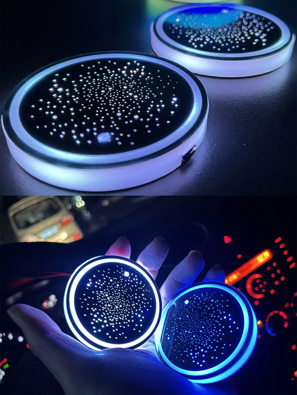 2pcs Car Cup Holder LED Lighting Mat, Starry Gradient Colorful Car Cup Pad, USB Rechargeable Anti-Slip Coaster