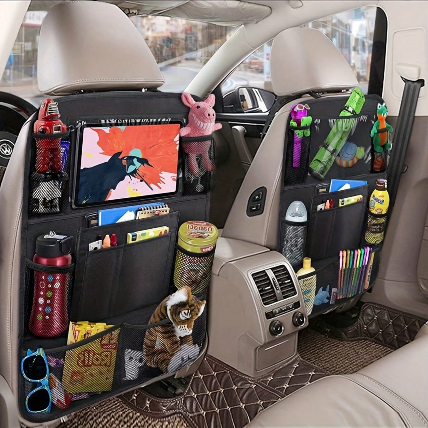 2pcs Car Seat Back Storage Functional Rear Footrest With Touchscreen Tablet Support & Multiple Pockets For All