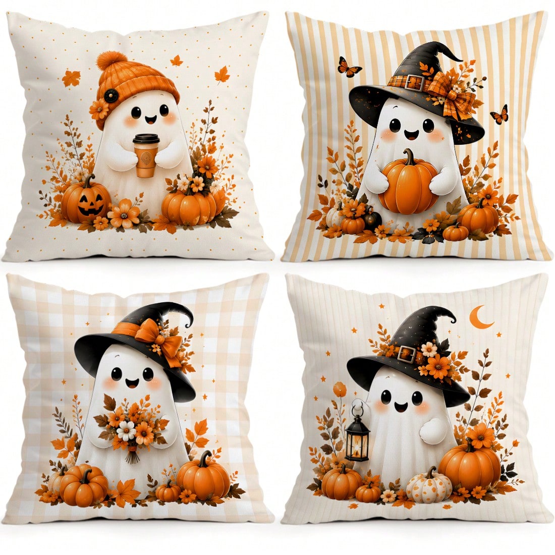 4pcs Autumn Gentle Ghost Pumpkin Pattern Pillow Covers Without Inserts, Single-Sided Printed Pillow Covers, Suitable For Living Room Bedroom Home Decor, All-Season Pillow Covers