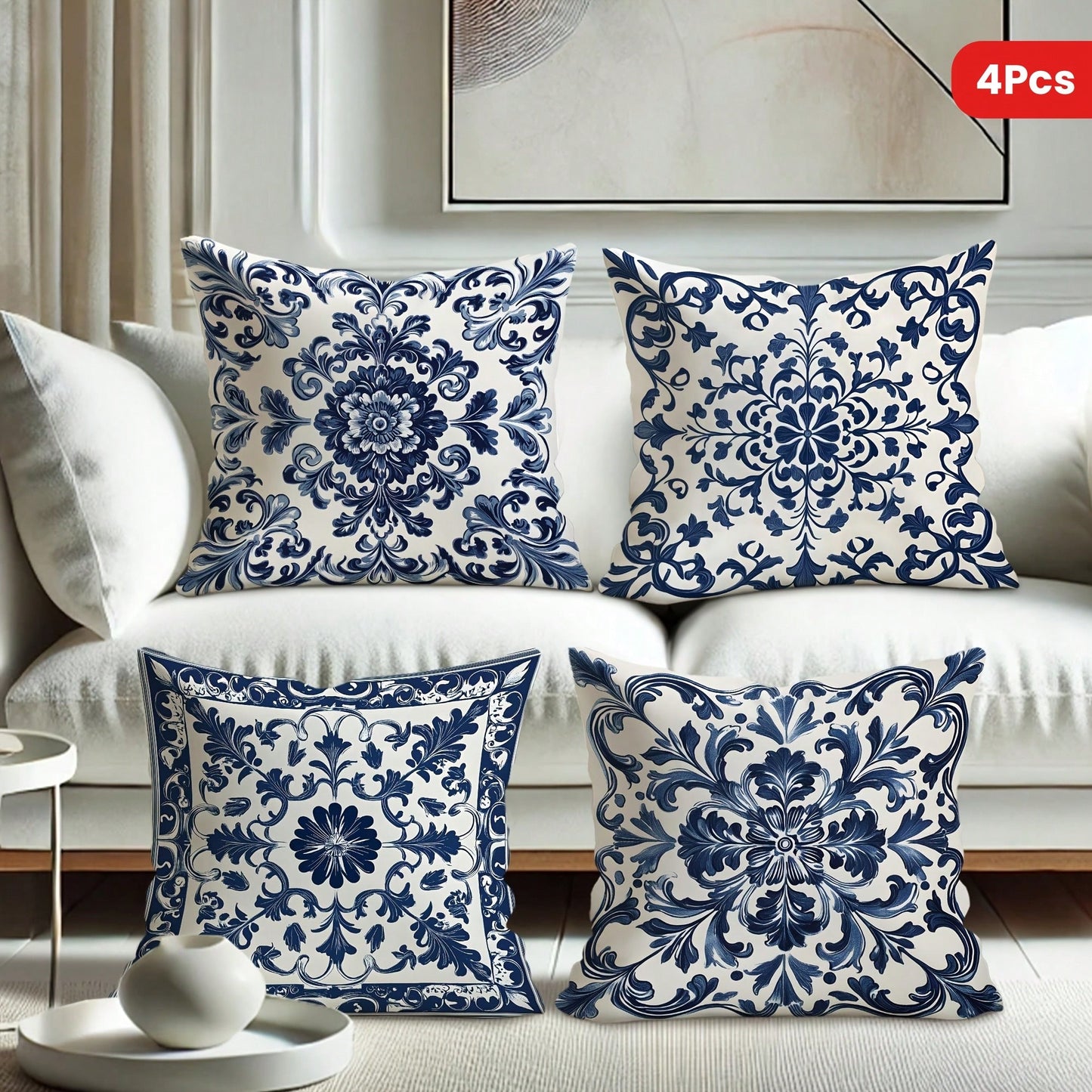 4pcs Bohemian Blue & White Floral Velvet Throw Pillow Covers, 45x45 Cm Square Decorative Pillowcases With Zipper Closure, Machine Washable Polyester For Living Room, Bedroom, Sofa & Bed Decor, Decorat