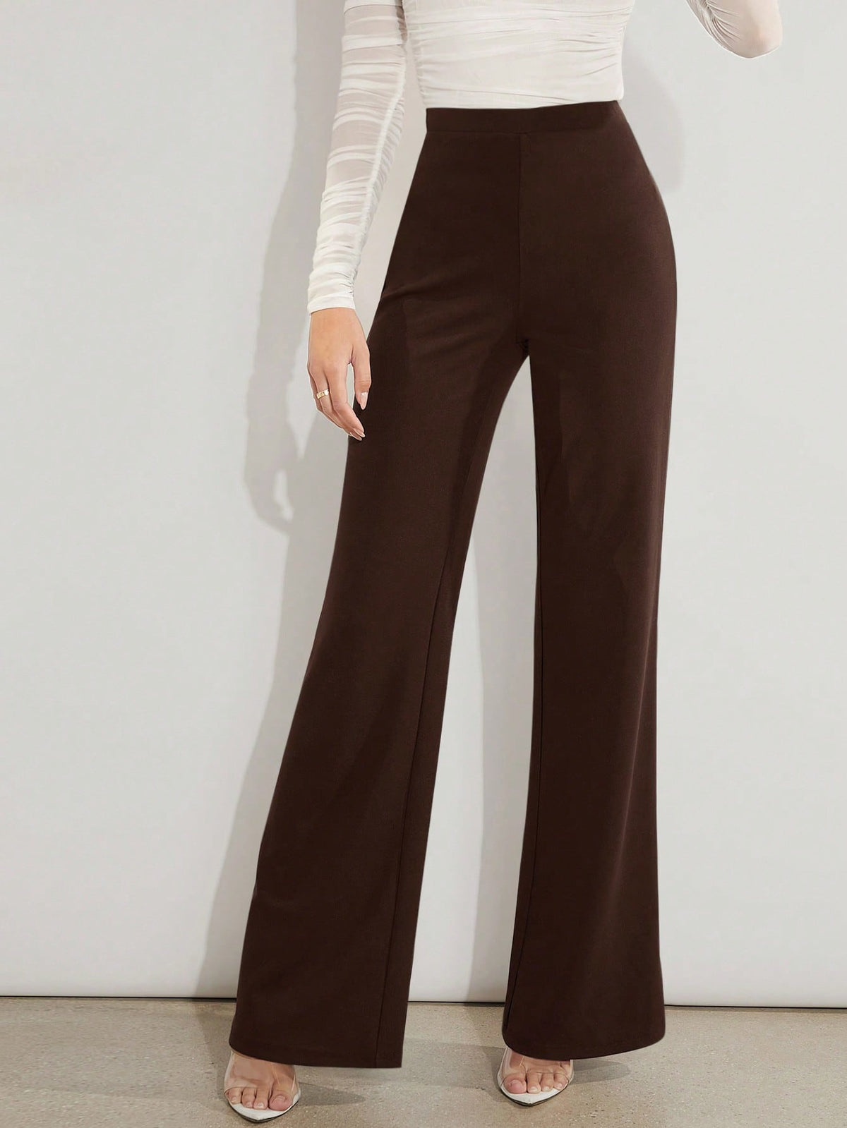Amorya Women's Casual Solid Color High Waist Flare Leg Pants, Versatile For Work And Daily Wear Brown Wide Waisted Long Tall Women