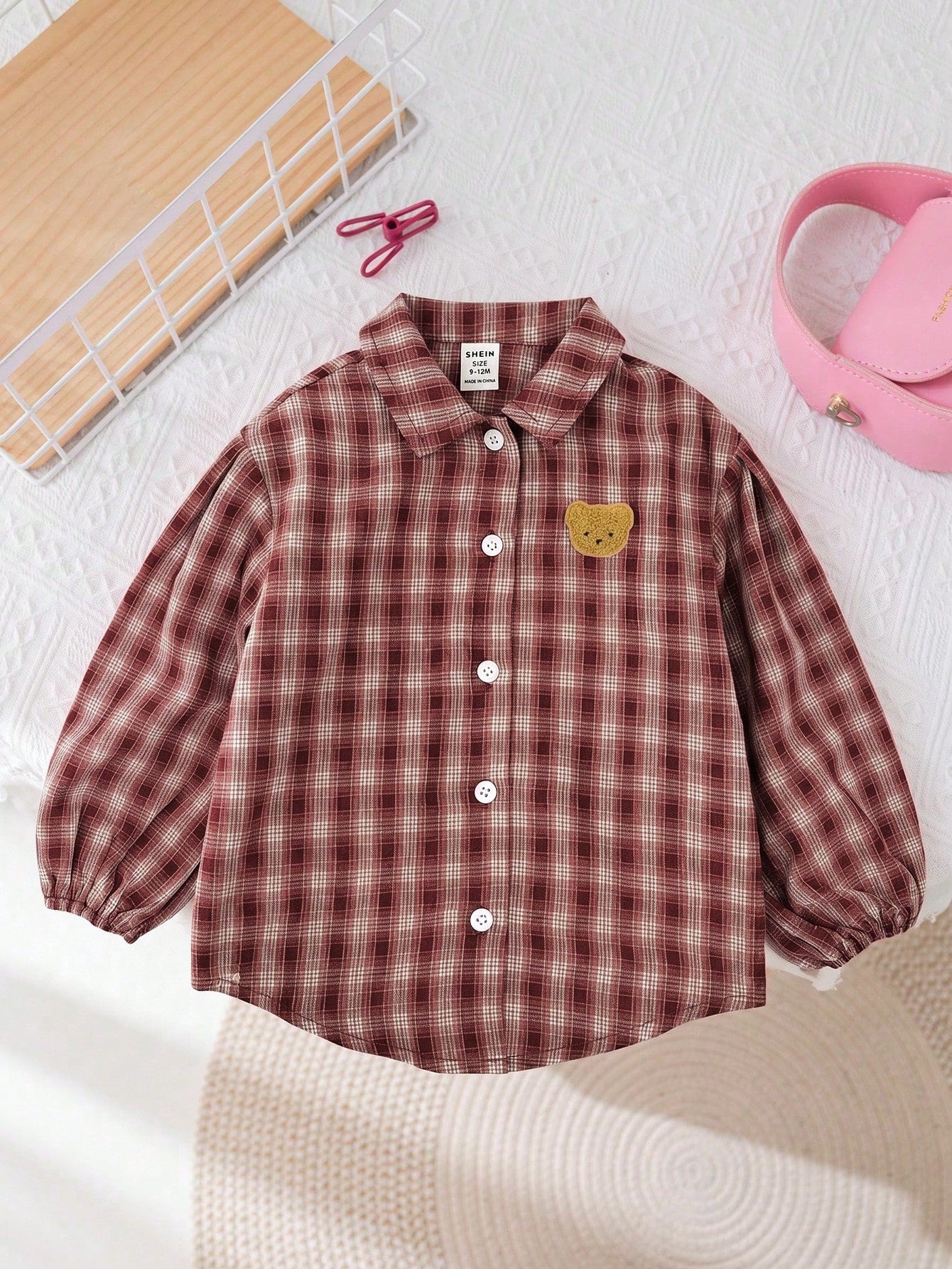 Baby Girl Woven Patch Bear Patch Casual Shirt Top