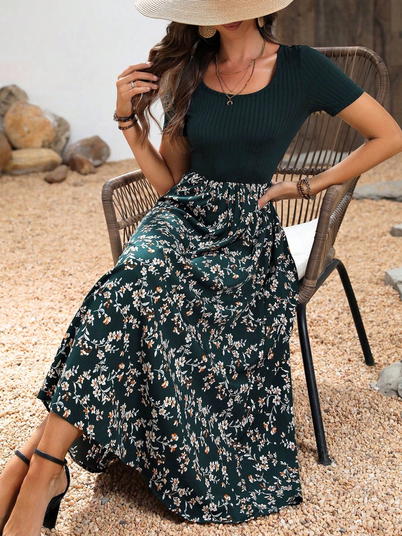 Breezaya Floral Patchwork Empire Waist Dress Maxi Women Outfit