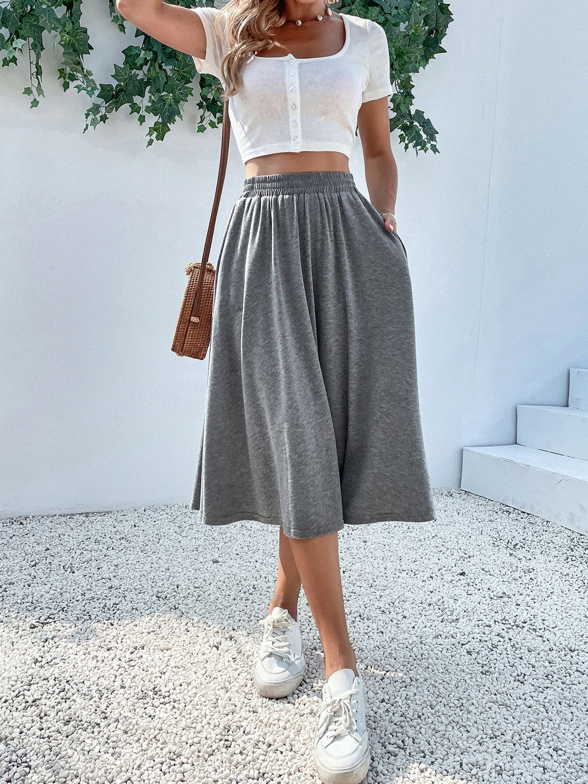 Breezaya Solid Slant Pockets Flared Skirt
