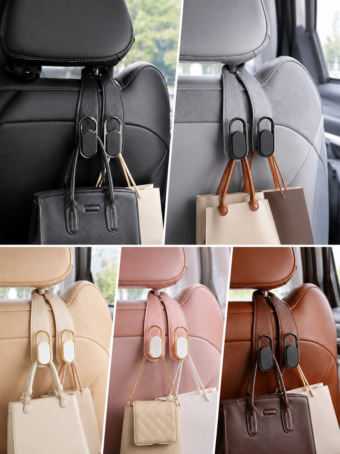 Car Headrest Hook, For Handbags And Bags, PU Leather Double Hook Holder, 5 Colors, Car Seat Back Handbag Holder, Universal Vehicle Storage Organizer, Suitable For Handbags, Shopping Bags, Backpacks, C