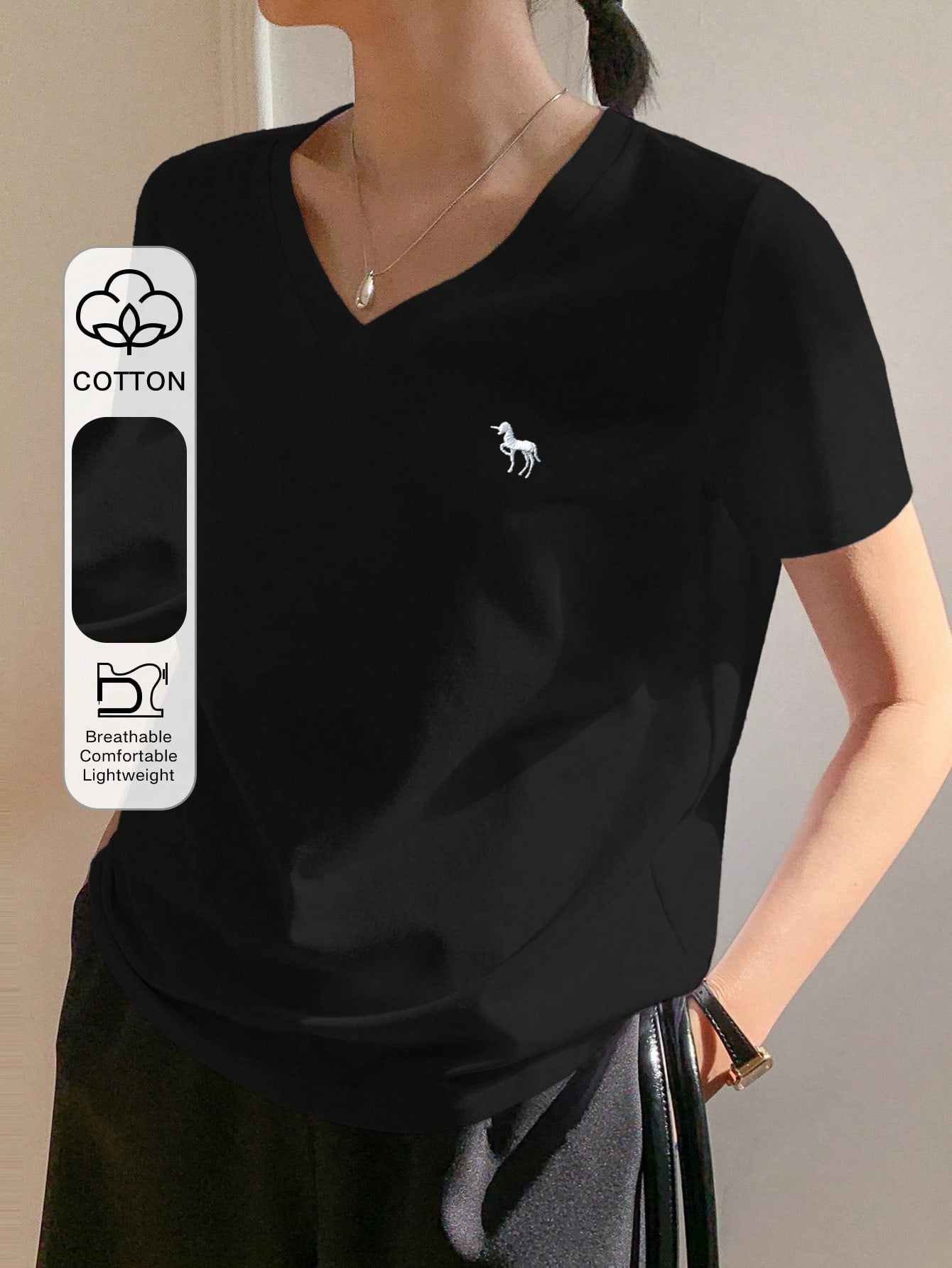 DAZY Women's V-Neck Embroidered Casual Shortsleeve T-Shirt