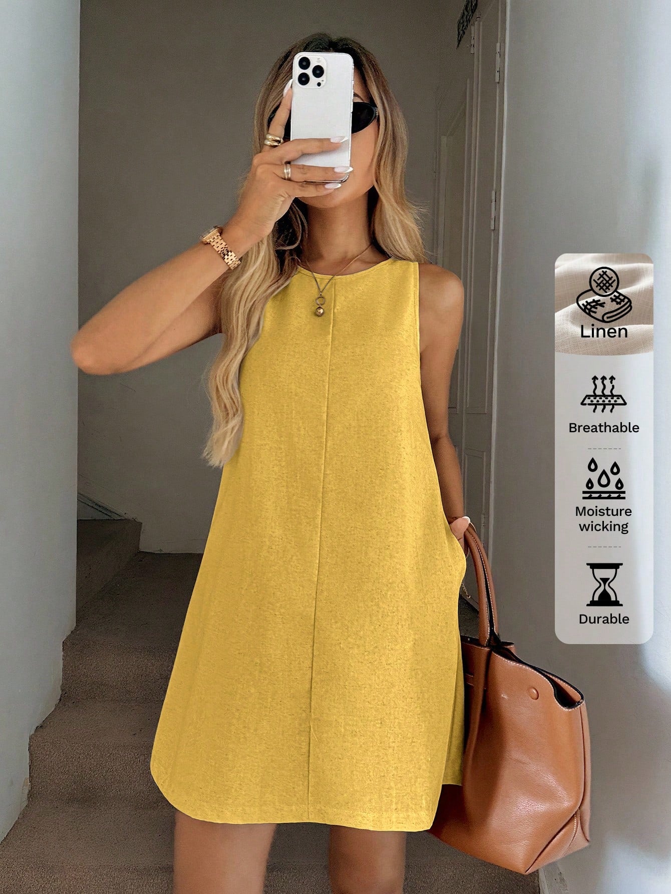 Easowa Women's Casual Linen Sleeveless A-Line Dress With Quilted Pockets, Elegant Vacation Outfit Outfits Woman Old Money Style,Summer Loose Yellow