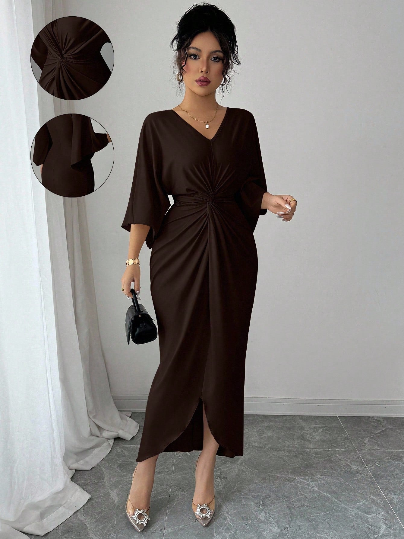 Elenzga Elegant Knitted High Elasticity Batwing Sleeve V-Neck Twist Design Women's Mid-Length Dress
