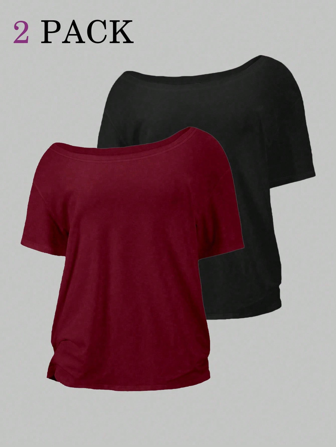 EMERY ROSE 2pcs/Set Oblique Shoulder Loose T-Shirt,Asymmetric Shoulder Off-Shoulder T-Shirt, Plus Size Women's Top
