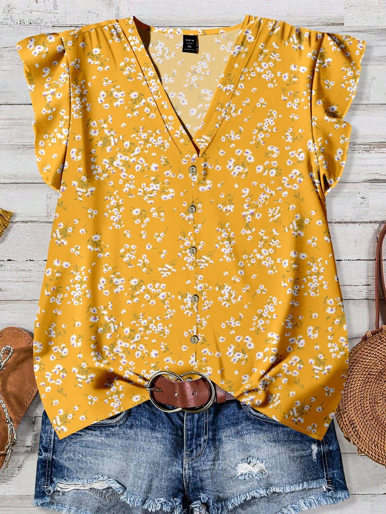 EMERY ROSE Plus Size Women's Casual Minimalist Summer Yellow Flower Print Shirt Chic Blouses For Women,Spring/Vacation Fall