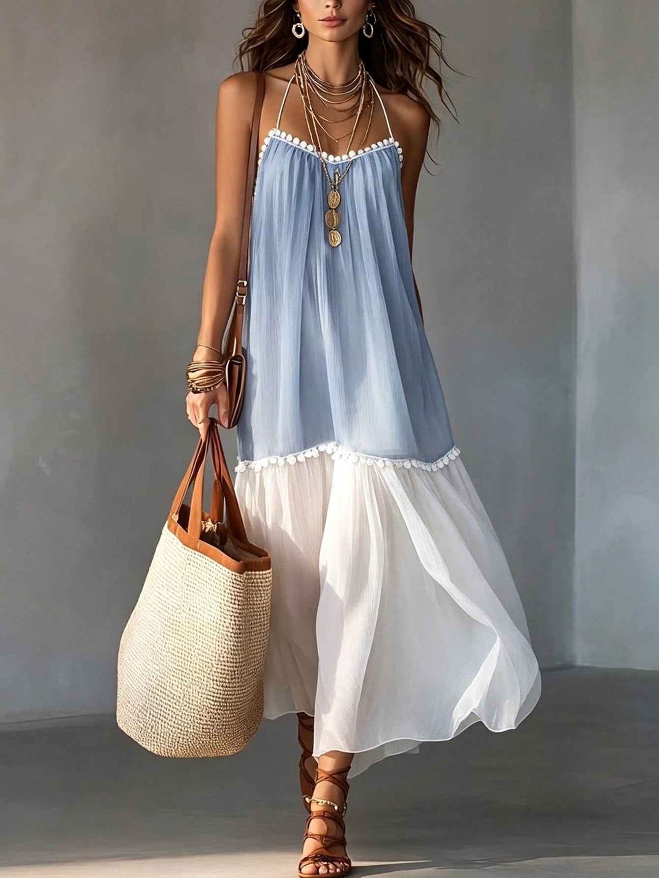 EMERY ROSE Women's Summer New Flowy Vacation Chiffon Patchwork Contrast Color Halter Neck V-Neck Ruffle Patchwork Backless Dress
