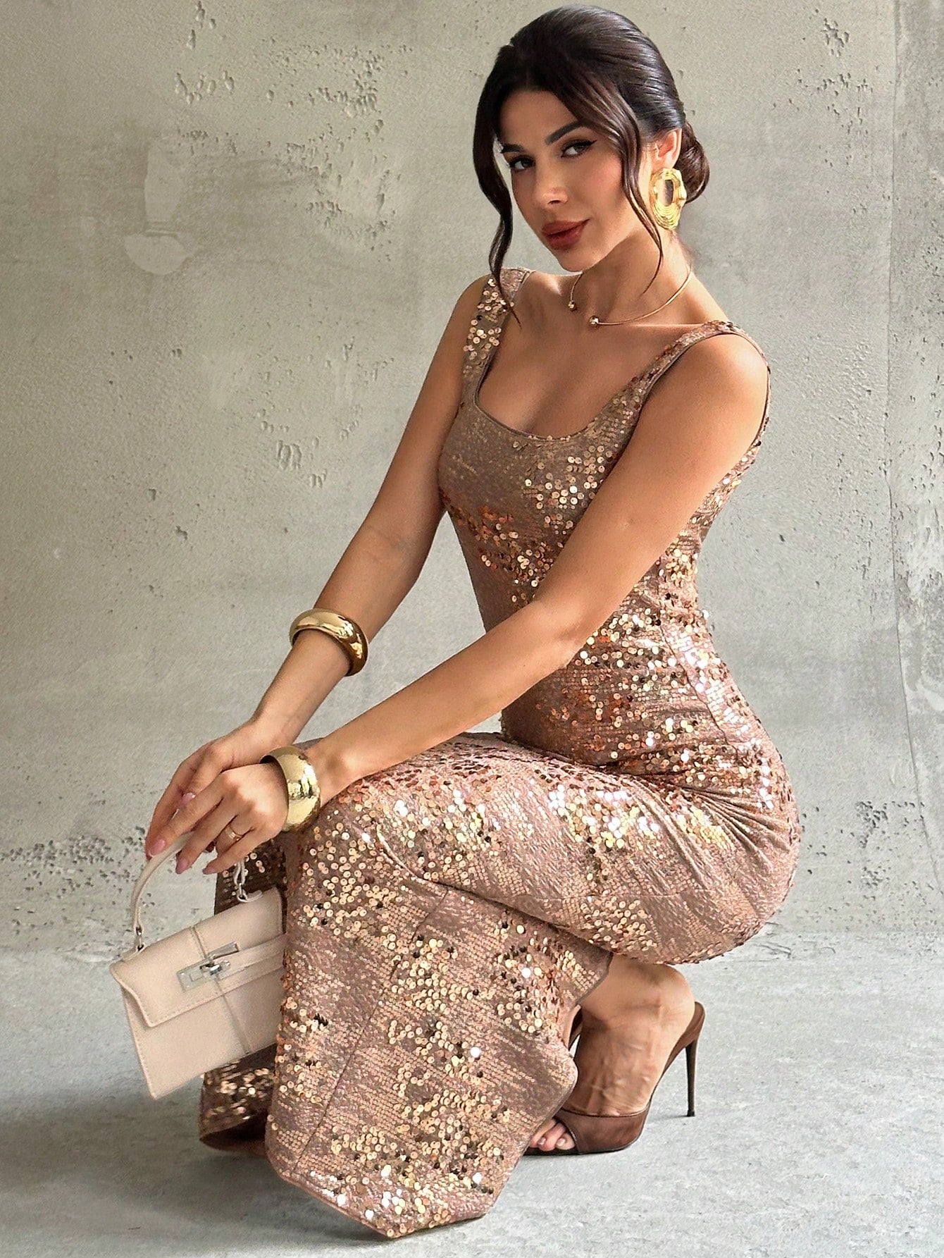 Firerie Rose Gold Sequin Square Neck Backless Slit Maxi Dress,Elegant Sleeveless 3D Floral Evening Gown, Summer Party Dress For Holiday Dinner,Wedding