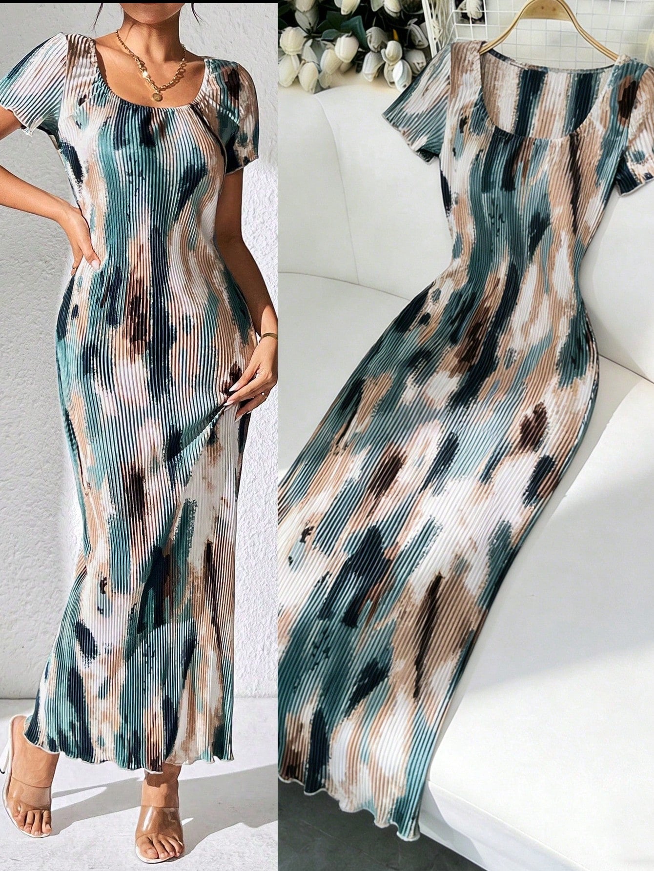 Frievida Frievida Women's Tie-Dye Printed Square Neck Straight Shoulder Elegant Dress Maxi Women Outfit