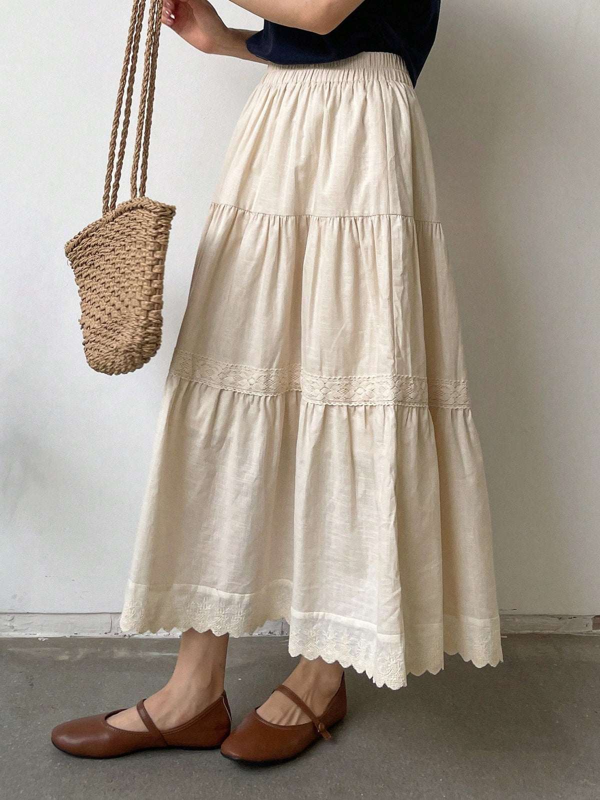 FRIFUL Solid Ruffle Hem Skirt