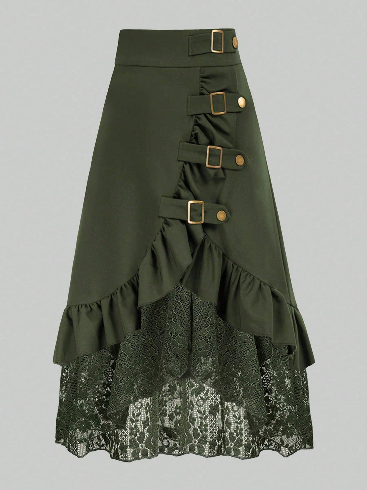 Gothic Style Lace Patchwork Ruffle Hem Solid Color Pirate Skirt Spring