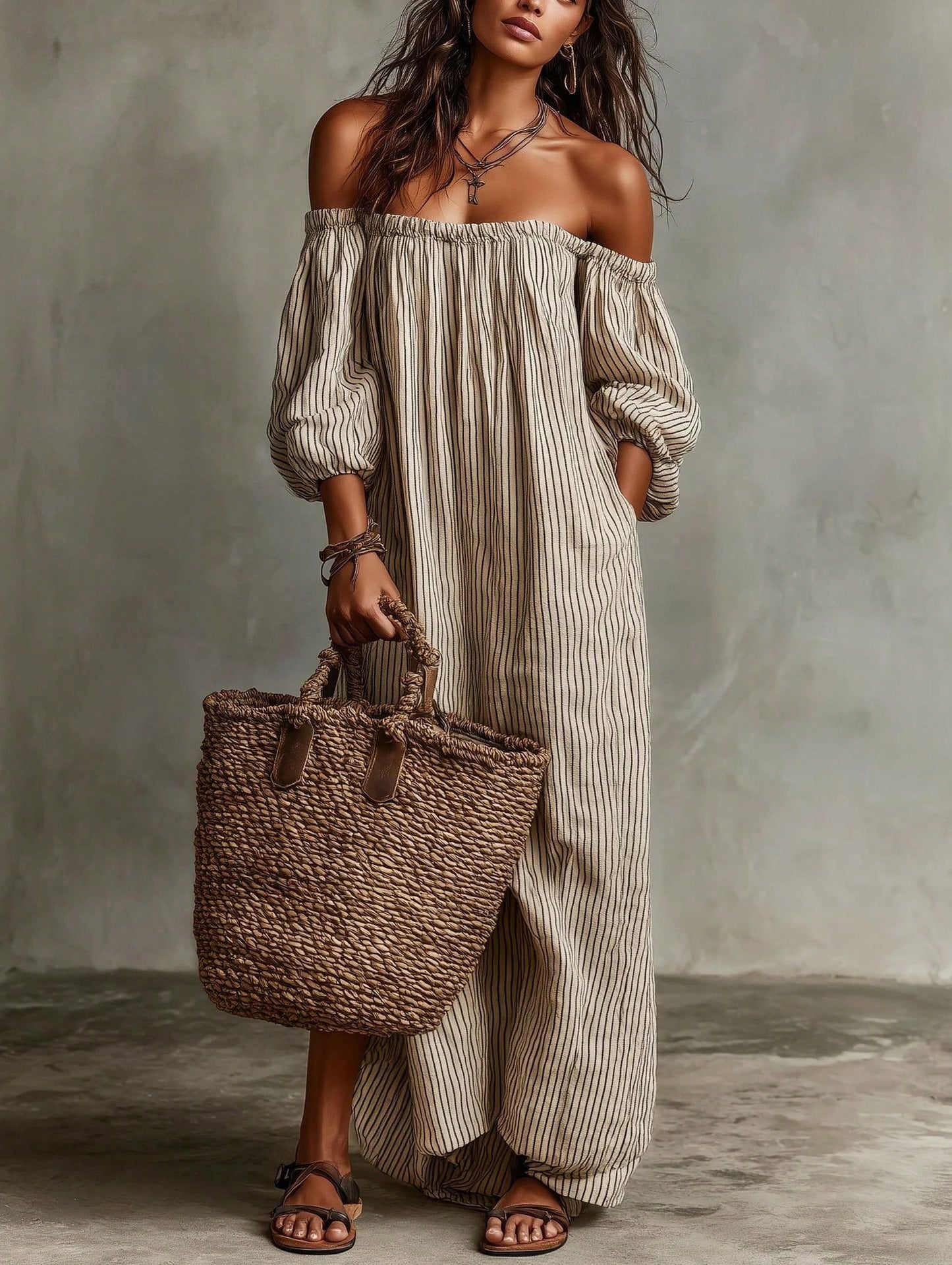 KZKZWK Triped Linen-Blend Maxi Dress, Off Shoulder Puff Sleeve Loose Fit, Casual Boho Vacation Sundress