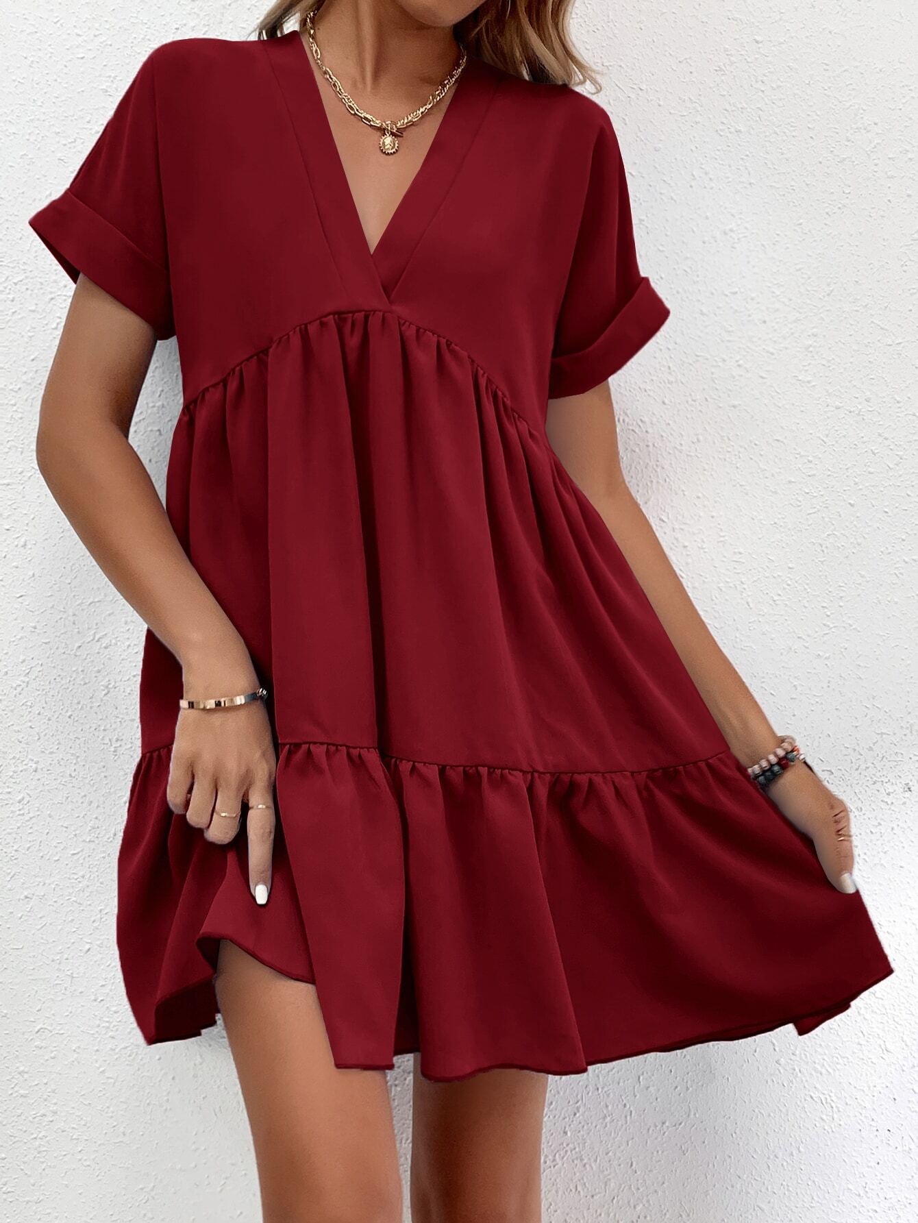 LUNE Roll Cuff Ruffle Hem Solid Dress Burgundy Color Women Outfit