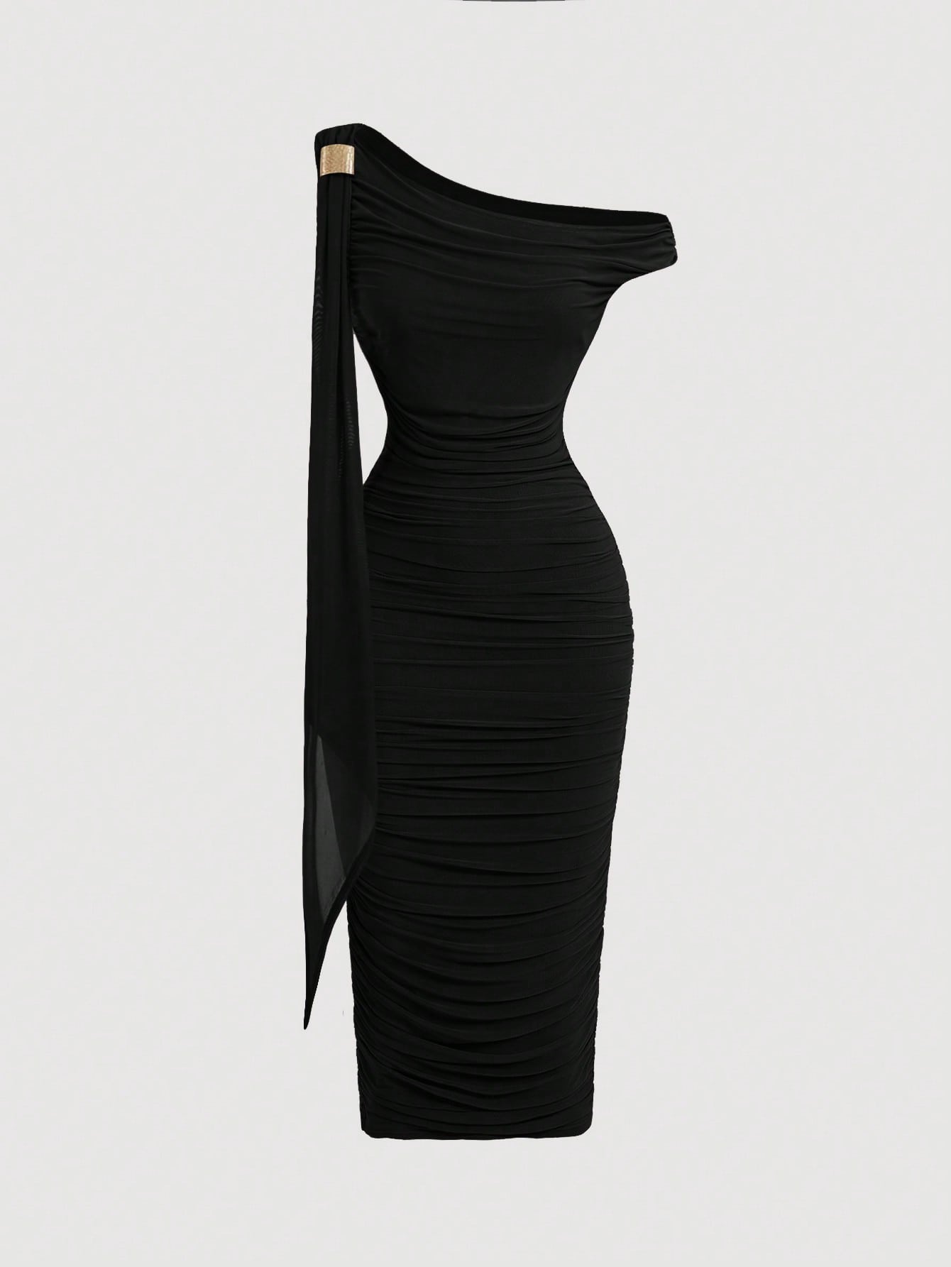 MOD Women's Black Gold Asymmetric Neck Ruched Slim Fit Elegant Sexy Mid-Length Bodycon Dress Seductive Summer Party Night Festive Formal Gown