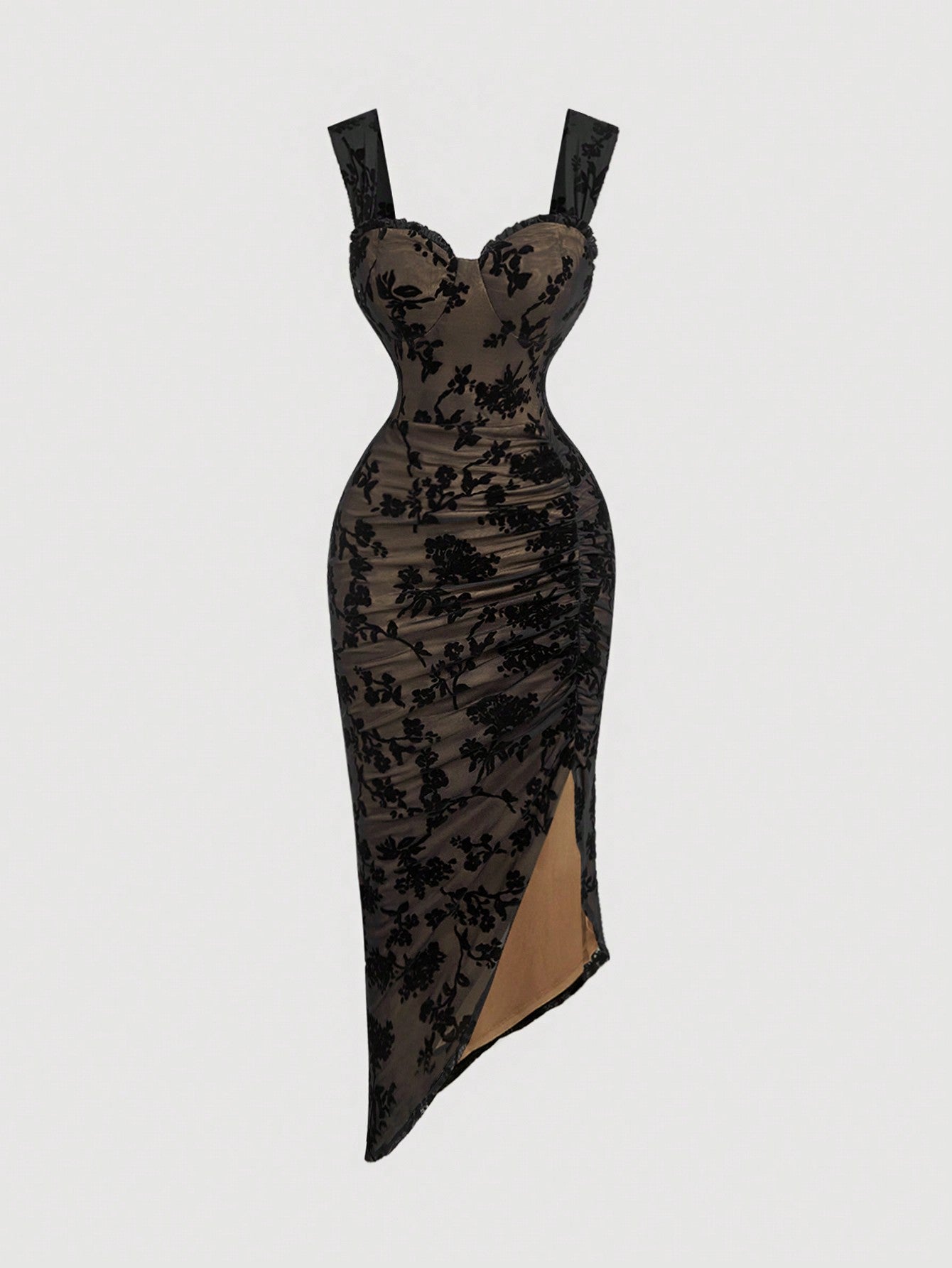 MOD Women's Elegant Floral Flocked Mesh Slit Dress,Black Homecoming Women Dress,Witch Dress,Vampire Dresses,Day Of The Dead Outfit,Goth