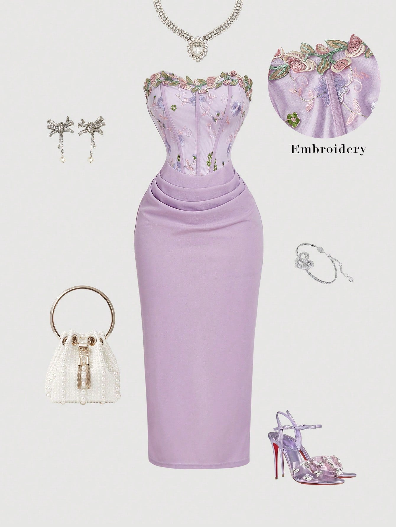 MOD Women's Elegant Romantic Floral Embroidered Patchwork Sleeveless Midi Dress, Lavender Summer Bar Party, Wedding, New Year Eve Retro Vintage