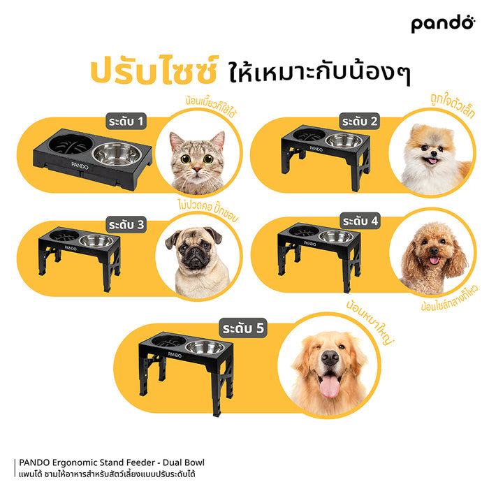 pando ergonomic stand feeder - dual bowl ชามให้อาหารสำหรับสัตว์เลี้ยงแบบปรับระดับได้