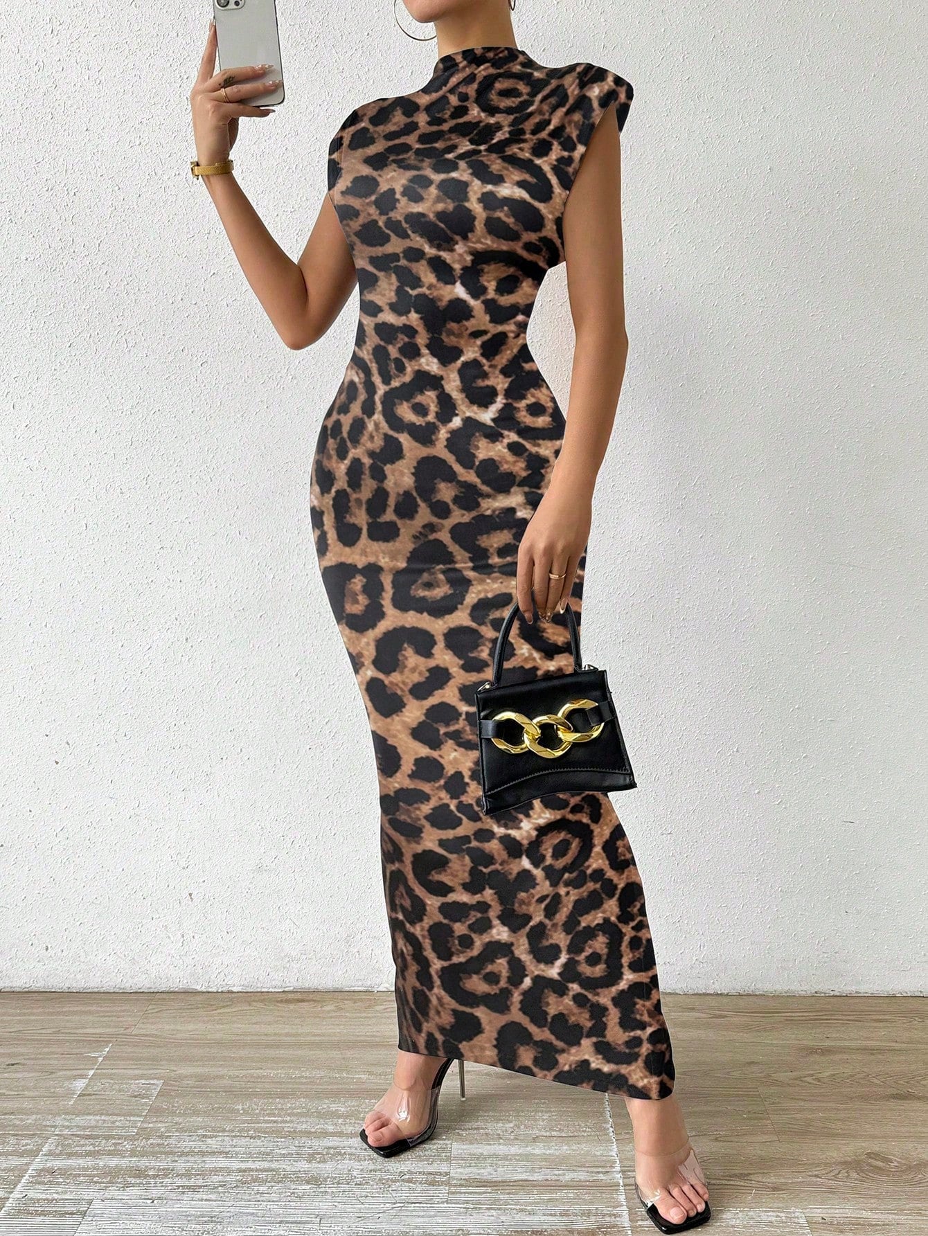 RosyDaze Women's Leopard Print Stand Collar Padded Shoulder Bodycon Dress Maxi Women Outfit