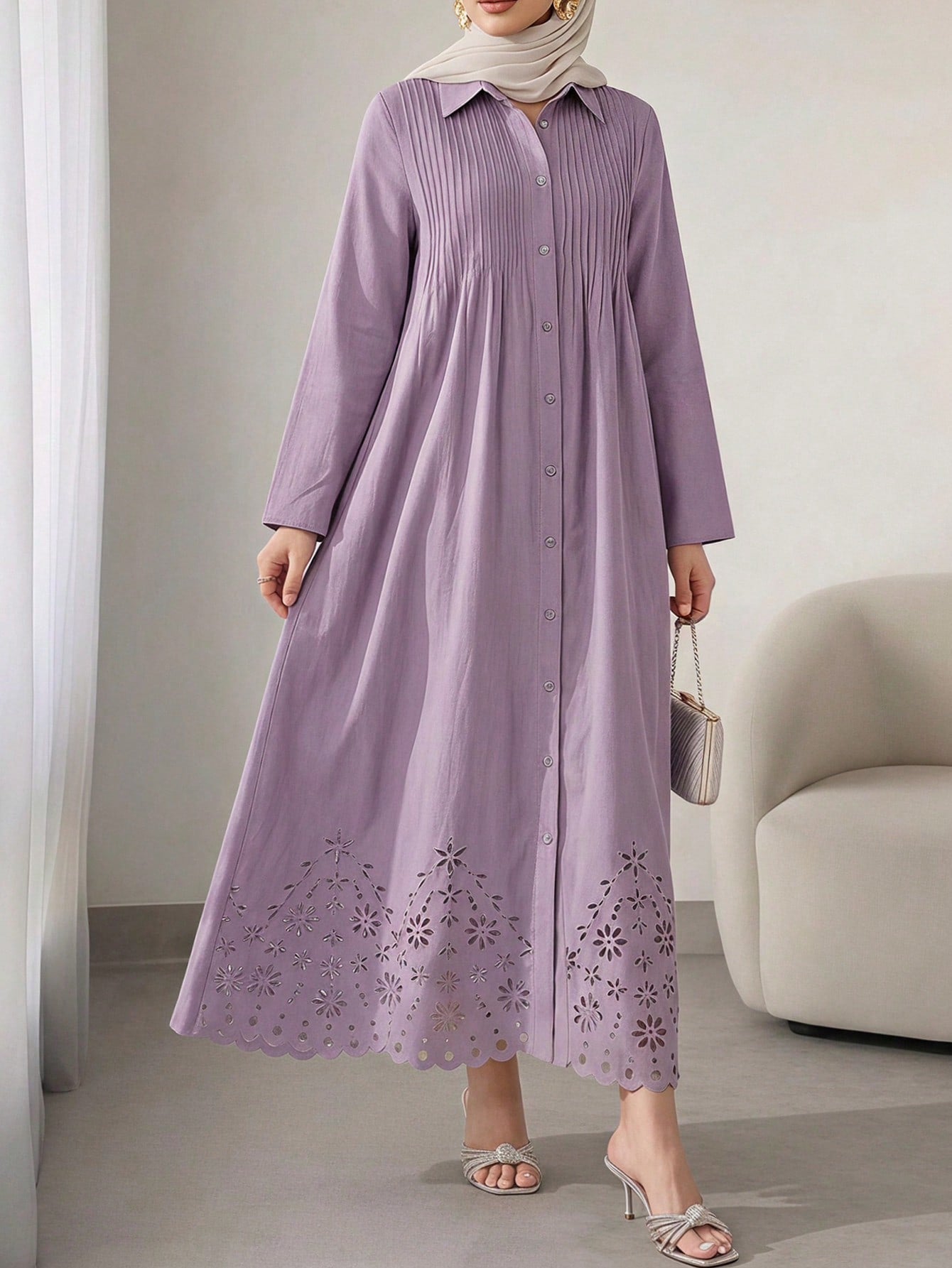Solavon Women's Elegant Pleated Hollow Out Single-Breasted Long Sleeve Dress