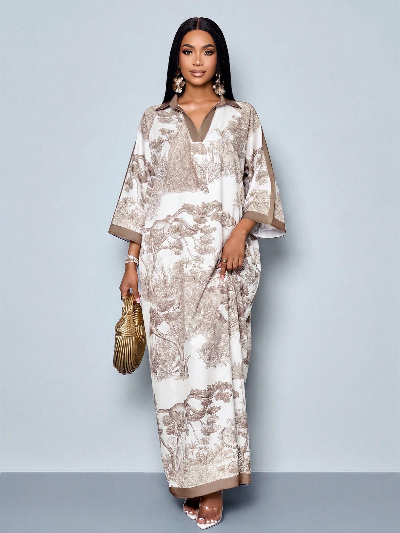 SOLERSUN Women's Fashionable Daily Elegant Holiday V-Neck Loose Batwing Sleeve Print Maxi Dress Without Bel