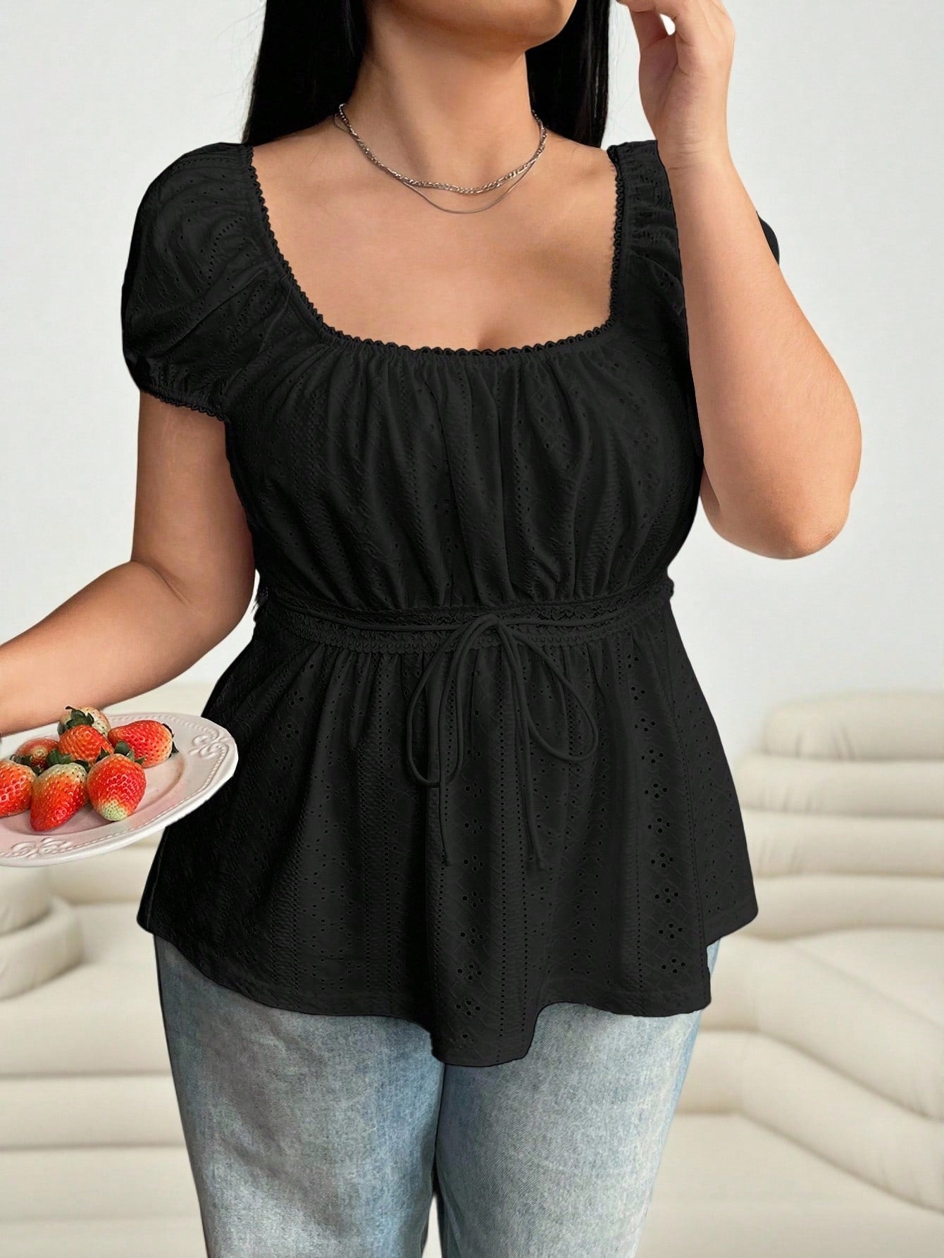 Solflare Women Plus Size Hollow Out Sheer Tie Up Waist Black T-Shirt, Summer