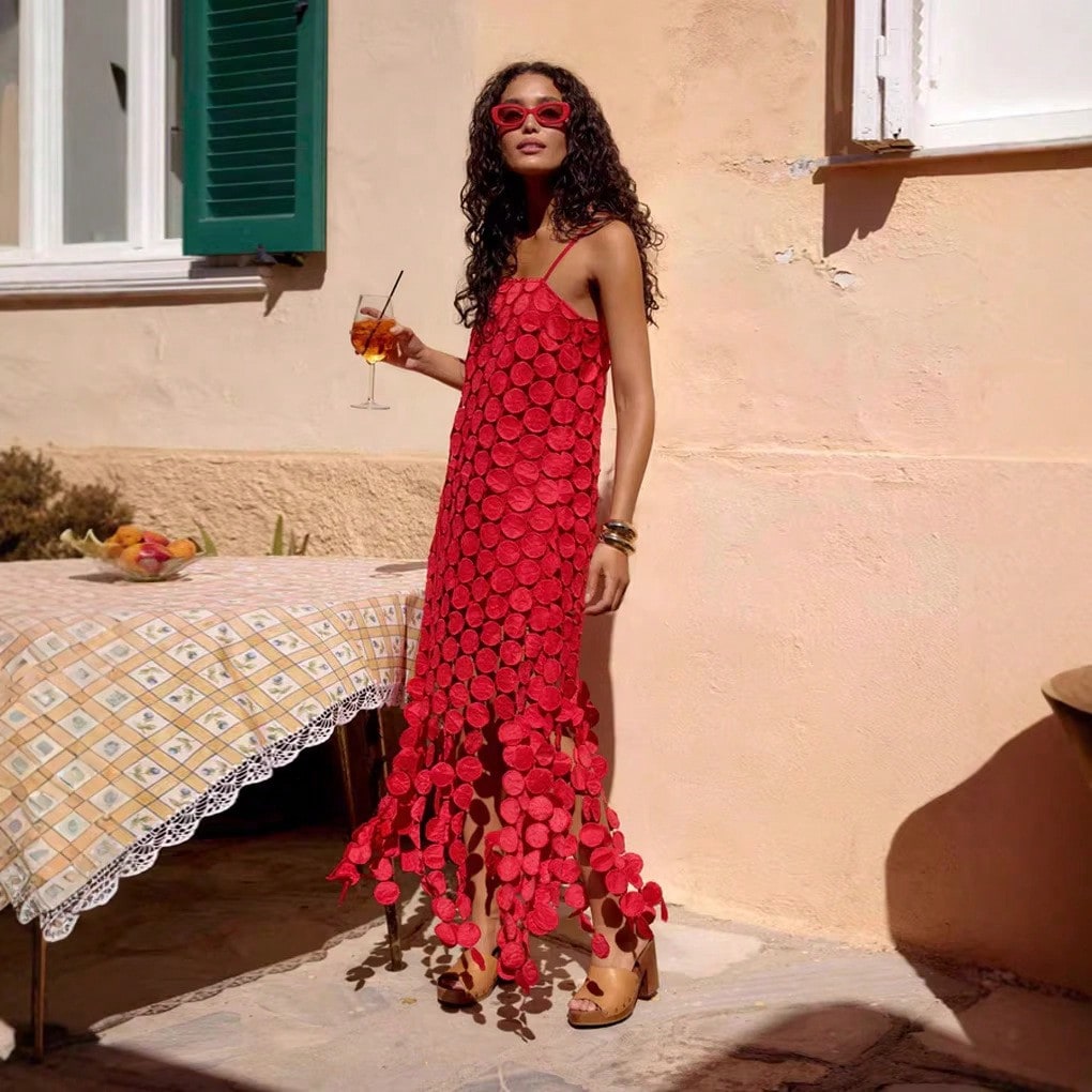 Summer Vacation Beach Slip Dress, Women Spaghetti Strap 3D Circular Disc Hollow Out Fringe Hem Party Midi Dress