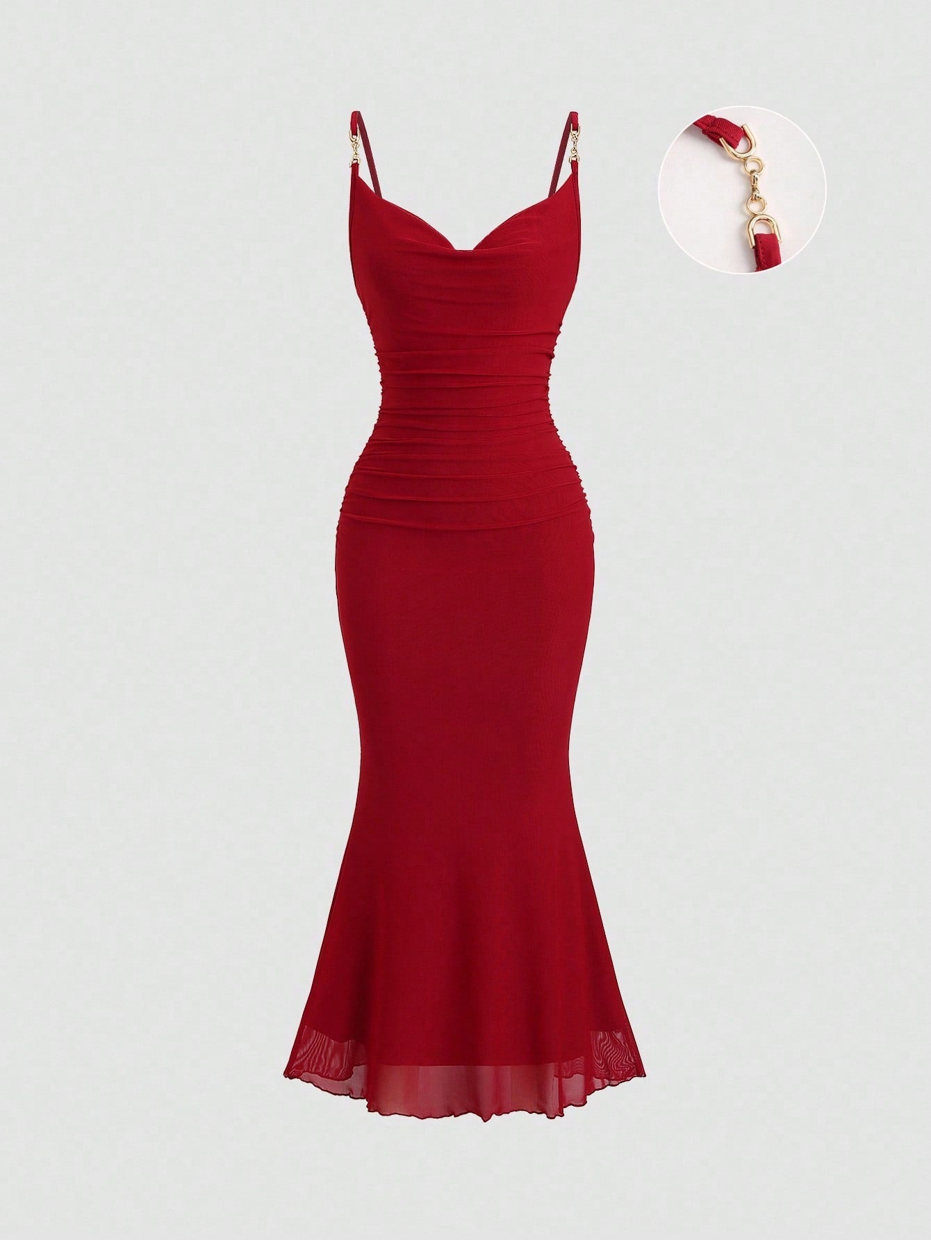 Sweetra Women's Red Ruched Bodycon Midi Dress With French Chic Net Yoke, Slit, Spaghetti Straps, High-End Elegant Evening Dress