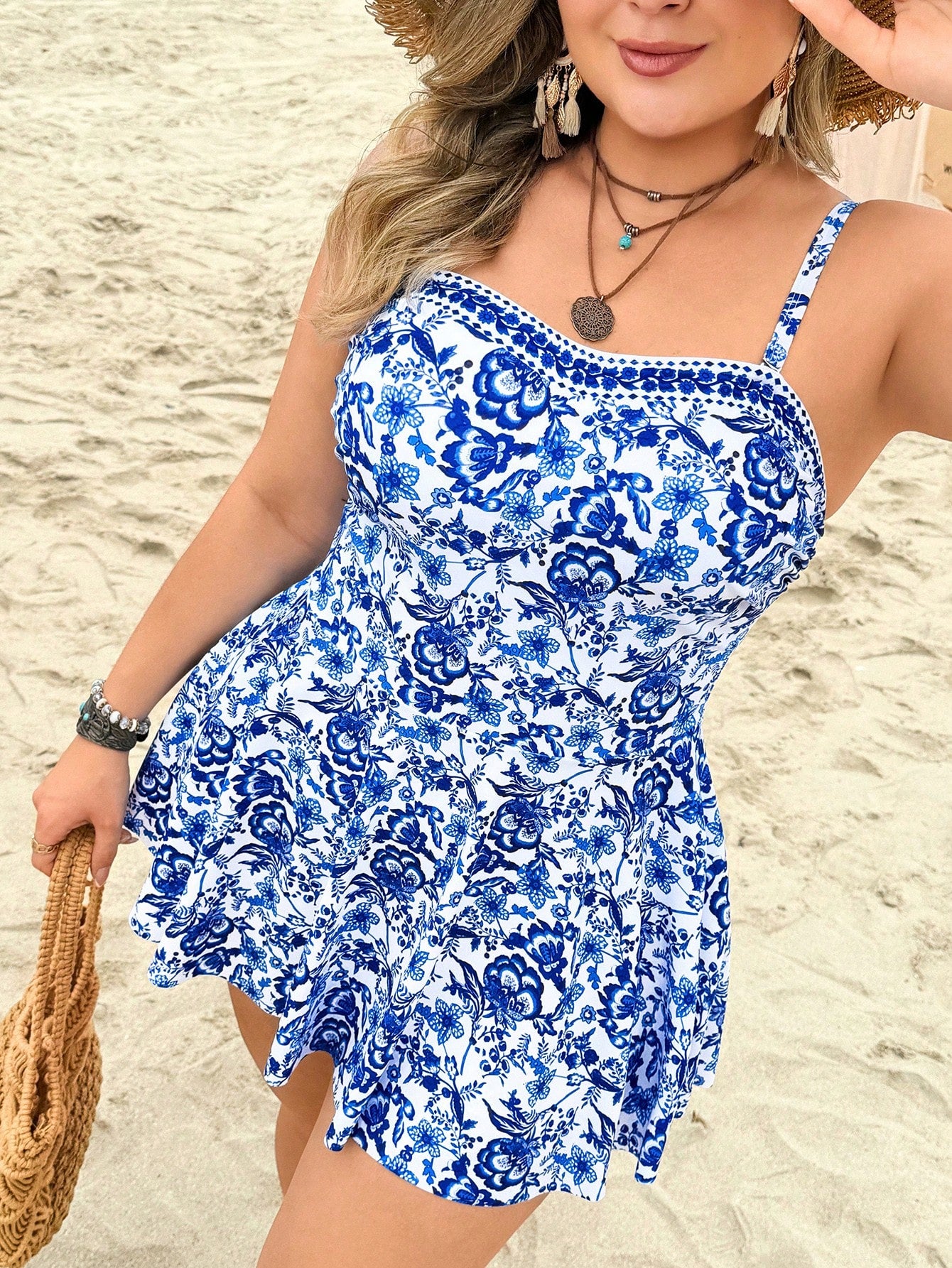 Swim Lushoire Plus Size Women's 2026 New Summer Floral Print Waist Cinched Camisole Nightgown