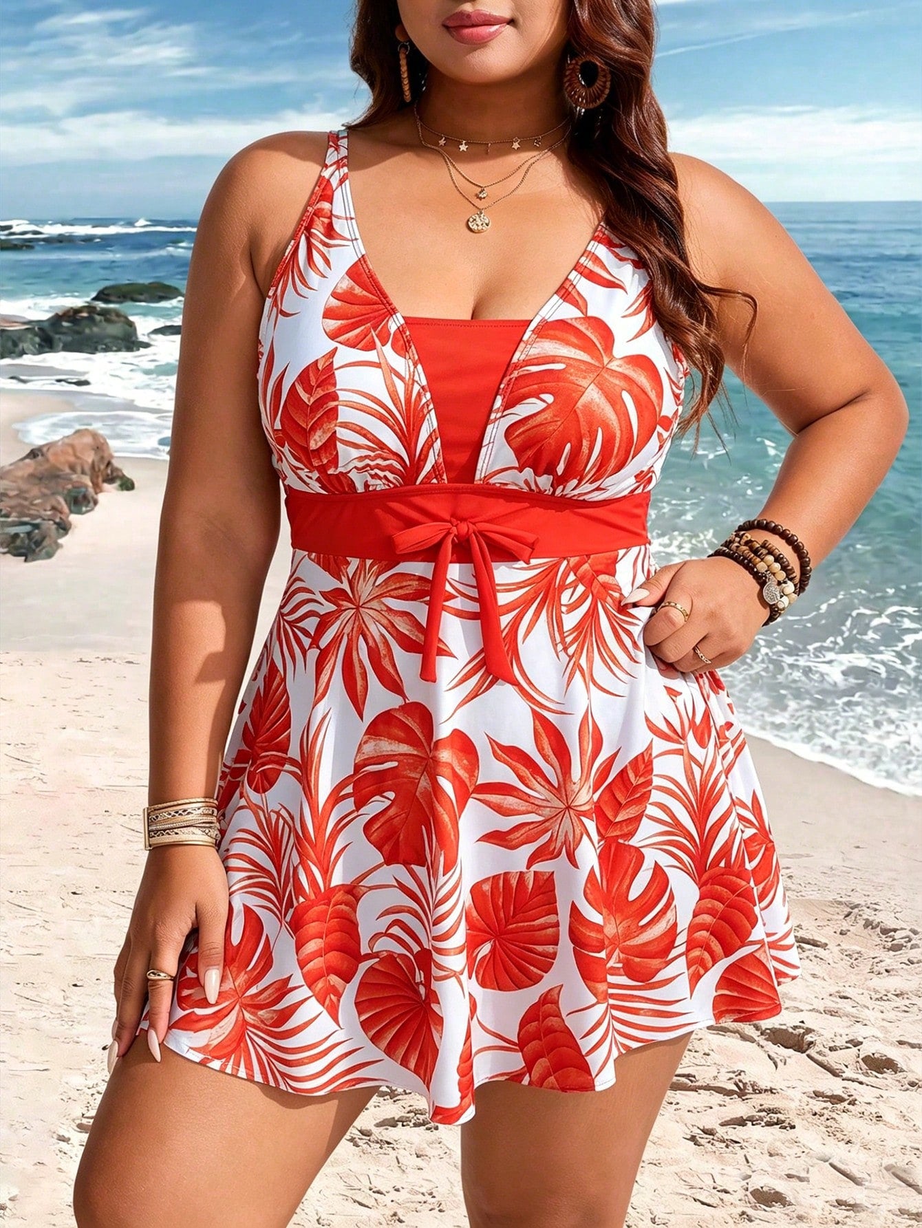 Swim Lushoire Plus Size Women's Botanical Print Swim Dress With Boy Leg Swim Bottoms