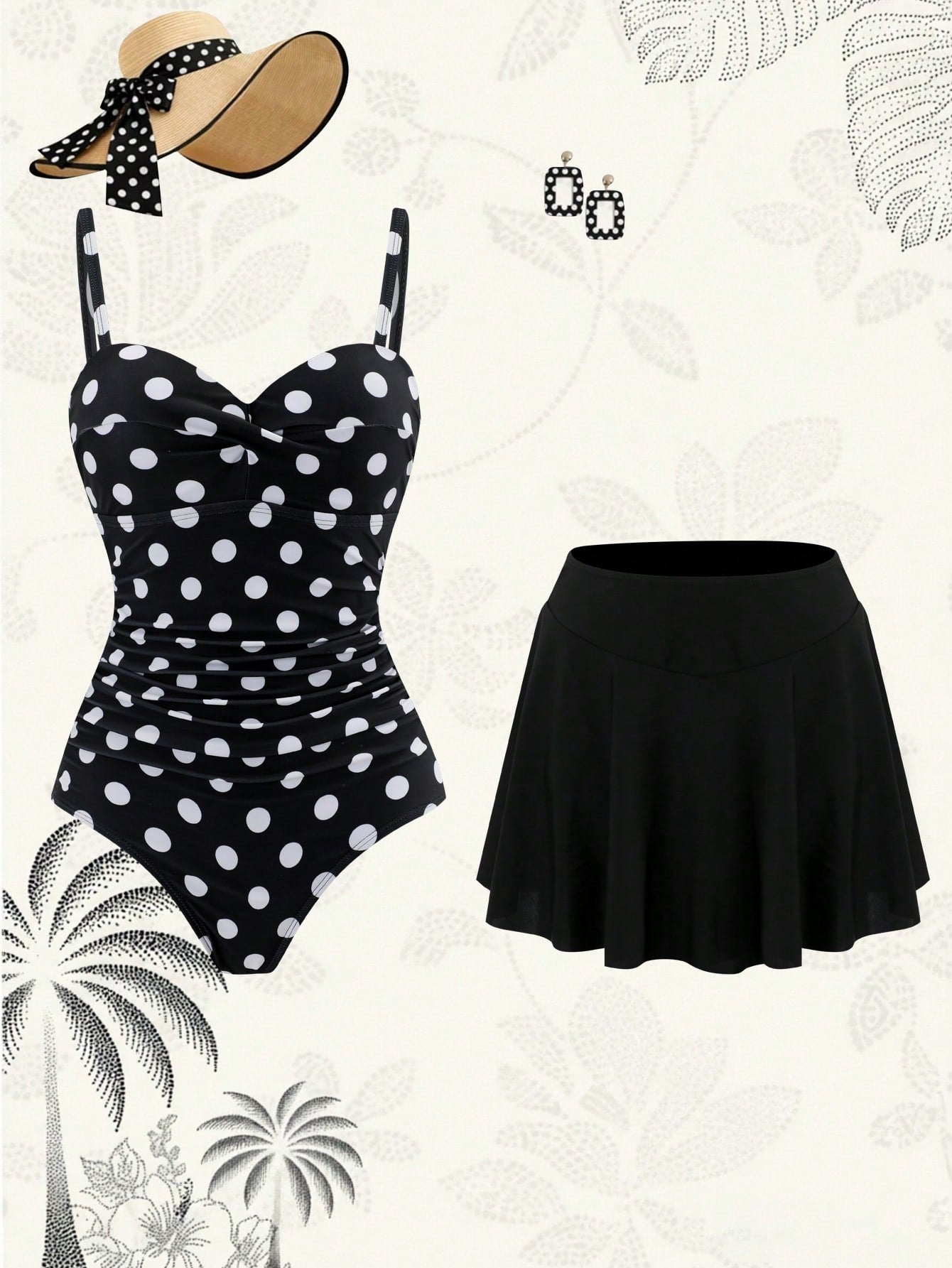Swim Oasis 2026 New Plus Size Black & White Polka Dot Ruched Waist One-Piece Swimsuit Set With High Waist Skirt, Casual Elegant Flattering Slimming Beach Vacation Women's Swimwear