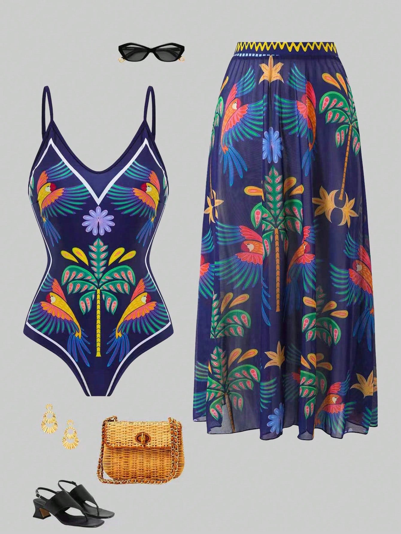 Swim Oasis 2026 Summer Plus Size Women's Fashionable Sexy Deep V-Neck Tropical Bird Digital Print One-Piece Swimsuit + Wrap Skirt Beach Set