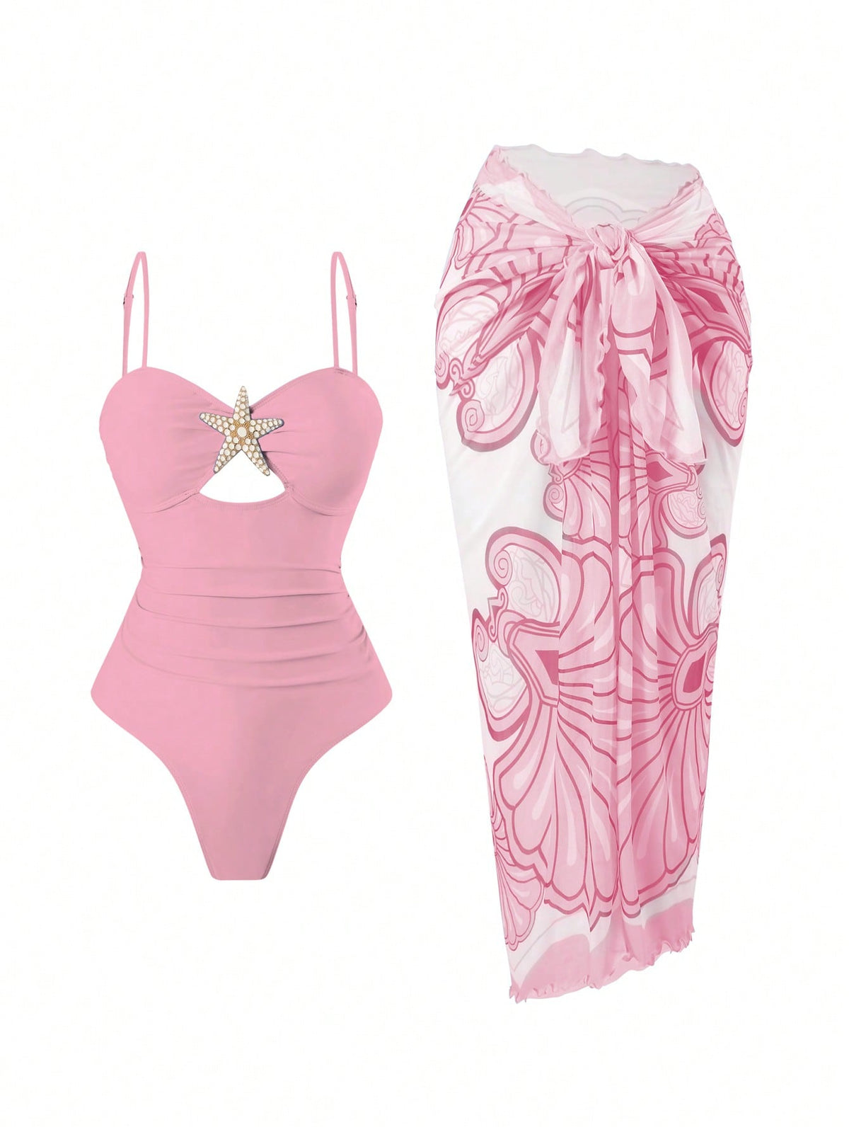 Swim Oasis Women's Summer Beach Vacation Hollow-Out Starfish Decor Ruched Slimming One-Piece Swimsuit With Tie-Up Maxi Skirt