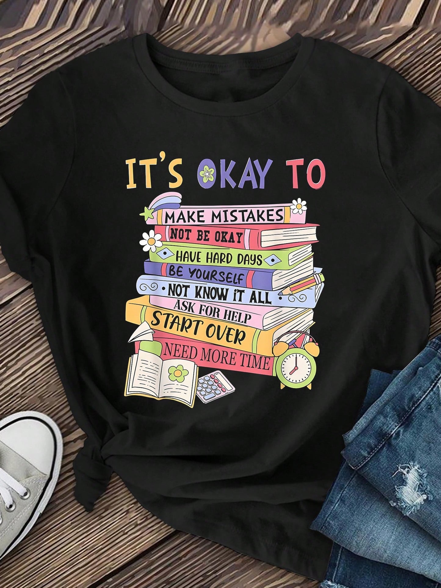 Women's "It's Okay It's Okay" Mental Health Awareness T-Shirt- T-Shirt With Colorful Books And Floral Print Patterns- Casual Short-Sleeved T-Shirt, Suitable For Summer And Autumn, Soft And Comfortab