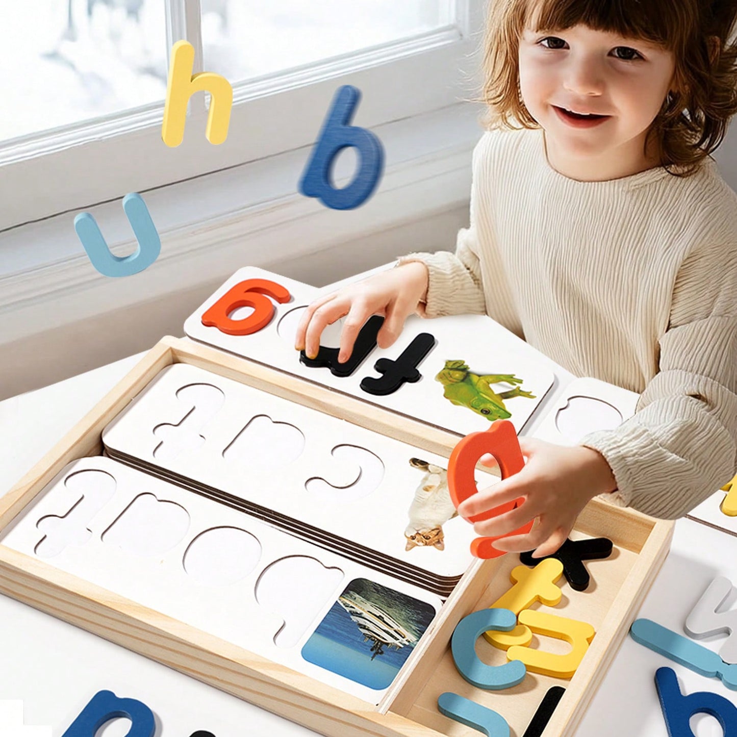Wooden Box- Children's English Word Spelling Cognitive Puzzle, Early Education Intelligent Toy, Wooden Letter Spelling Game Learning Toy, Wooden ABC Flashcards, Letter Shape Matching Word Puzzle Game