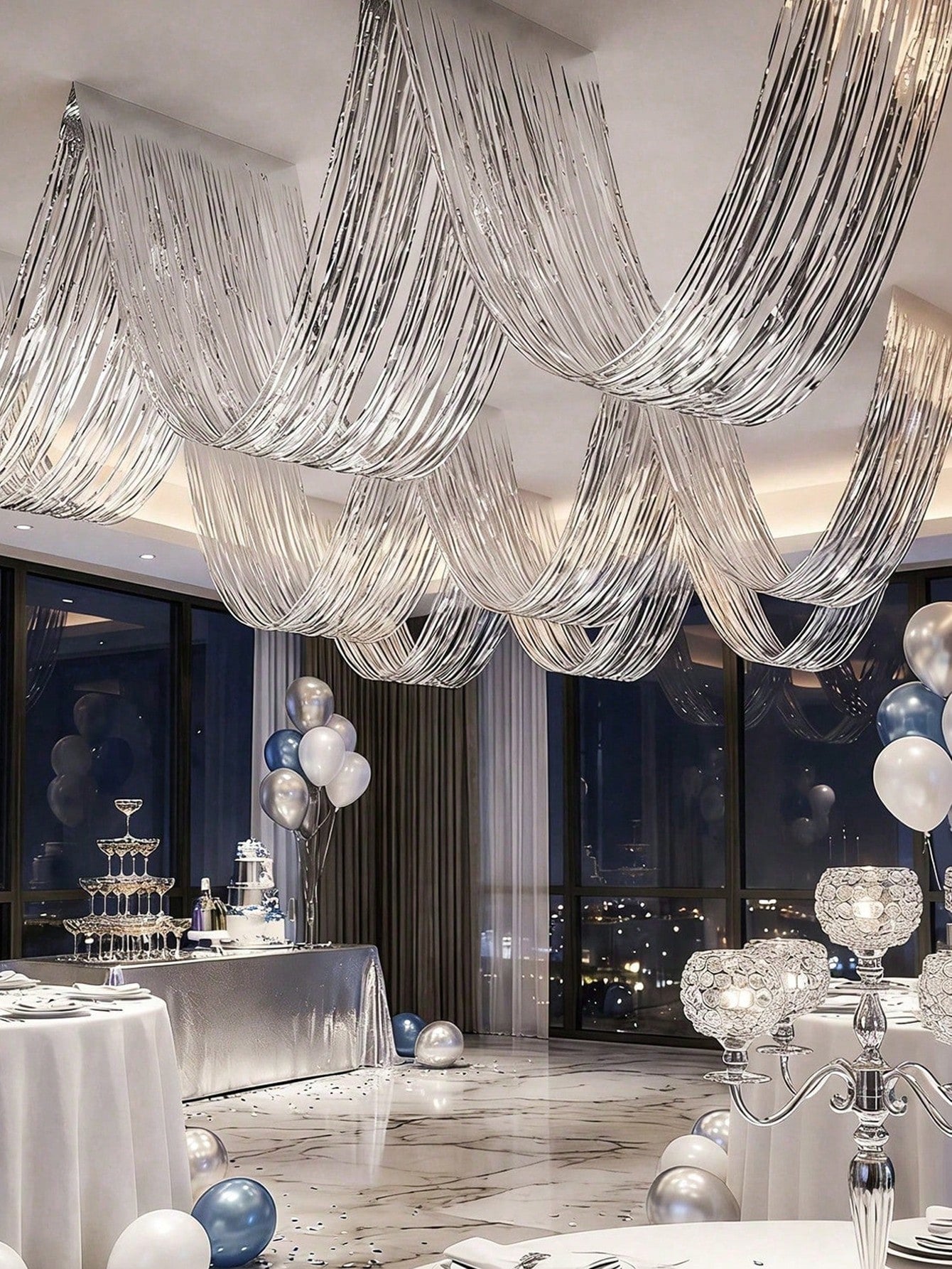 1/2/4pcs Silver Wavy Ceiling Fringe Backdrop Curtain, Hanging Ceiling Fringe Rain Curtain, 1st Birthday Party Decoration, Baby Shower Party Decoration, Gender Reveal Party Decoration, Bridal Shower Pa