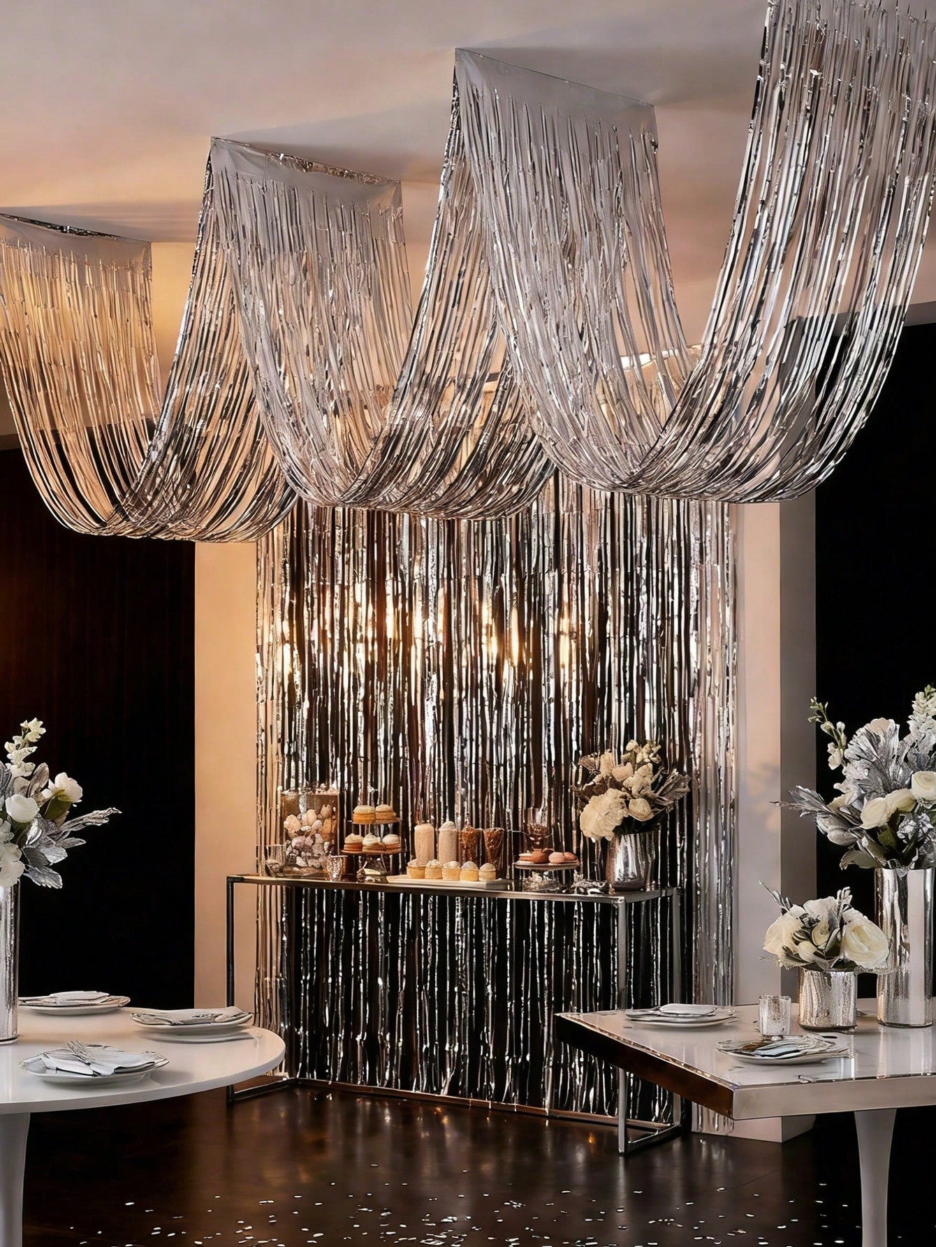 1/2/4pcs Silver Wavy Ceiling Fringe Backdrop Curtain, Hanging Ceiling Fringe Rain Curtain, 1st Birthday Party Decoration, Baby Shower Party Decoration, Gender Reveal Party Decoration, Bridal Shower Pa