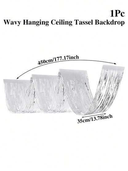 1/2/4pcs Silver Wavy Ceiling Fringe Backdrop Curtain, Hanging Ceiling Fringe Rain Curtain, 1st Birthday Party Decoration, Baby Shower Party Decoration, Gender Reveal Party Decoration, Bridal Shower Pa