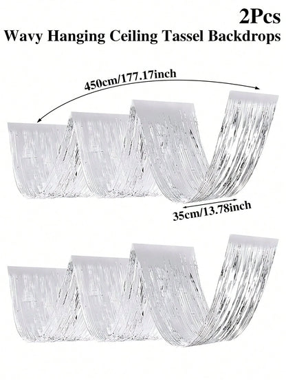1/2/4pcs Silver Wavy Ceiling Fringe Backdrop Curtain, Hanging Ceiling Fringe Rain Curtain, 1st Birthday Party Decoration, Baby Shower Party Decoration, Gender Reveal Party Decoration, Bridal Shower Pa