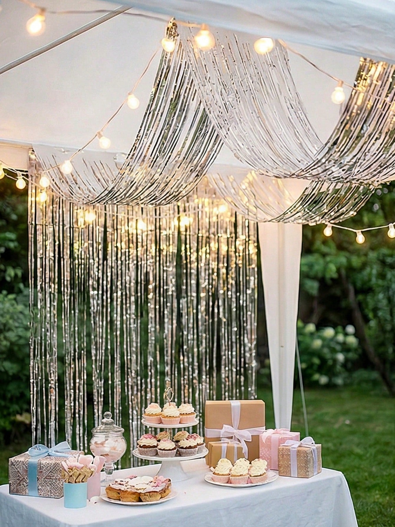 1/2/4pcs Silver Wavy Ceiling Fringe Backdrop Curtain, Hanging Ceiling Fringe Rain Curtain, 1st Birthday Party Decoration, Baby Shower Party Decoration, Gender Reveal Party Decoration, Bridal Shower Pa