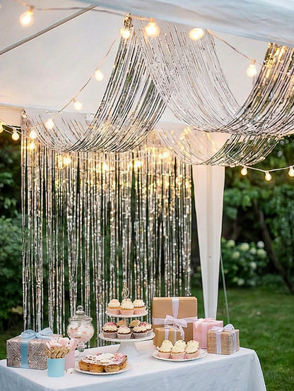 1/2/4pcs Silver Wavy Ceiling Fringe Backdrop Curtain, Hanging Ceiling Fringe Rain Curtain, 1st Birthday Party Decoration, Baby Shower Party Decoration, Gender Reveal Party Decoration, Bridal Shower Pa