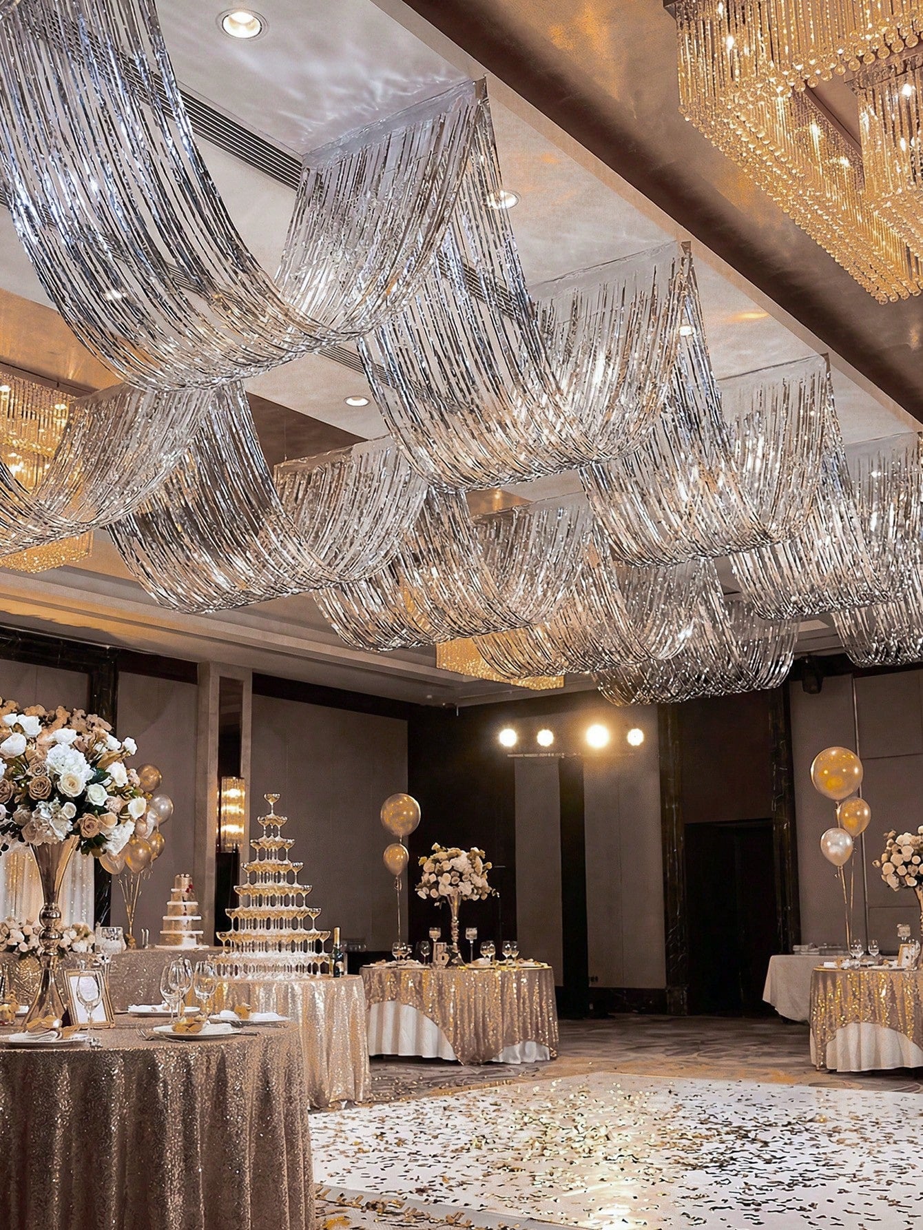 1/2/4pcs Silver Wavy Ceiling Fringe Backdrop Curtain, Hanging Ceiling Fringe Rain Curtain, 1st Birthday Party Decoration, Baby Shower Party Decoration, Gender Reveal Party Decoration, Bridal Shower Pa