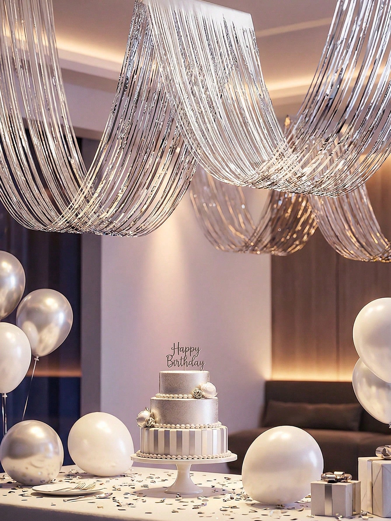 1/2/4pcs Silver Wavy Ceiling Fringe Backdrop Curtain, Hanging Ceiling Fringe Rain Curtain, 1st Birthday Party Decoration, Baby Shower Party Decoration, Gender Reveal Party Decoration, Bridal Shower Pa