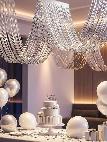 1/2/4pcs Silver Wavy Ceiling Fringe Backdrop Curtain, Hanging Ceiling Fringe Rain Curtain, 1st Birthday Party Decoration, Baby Shower Party Decoration, Gender Reveal Party Decoration, Bridal Shower Pa